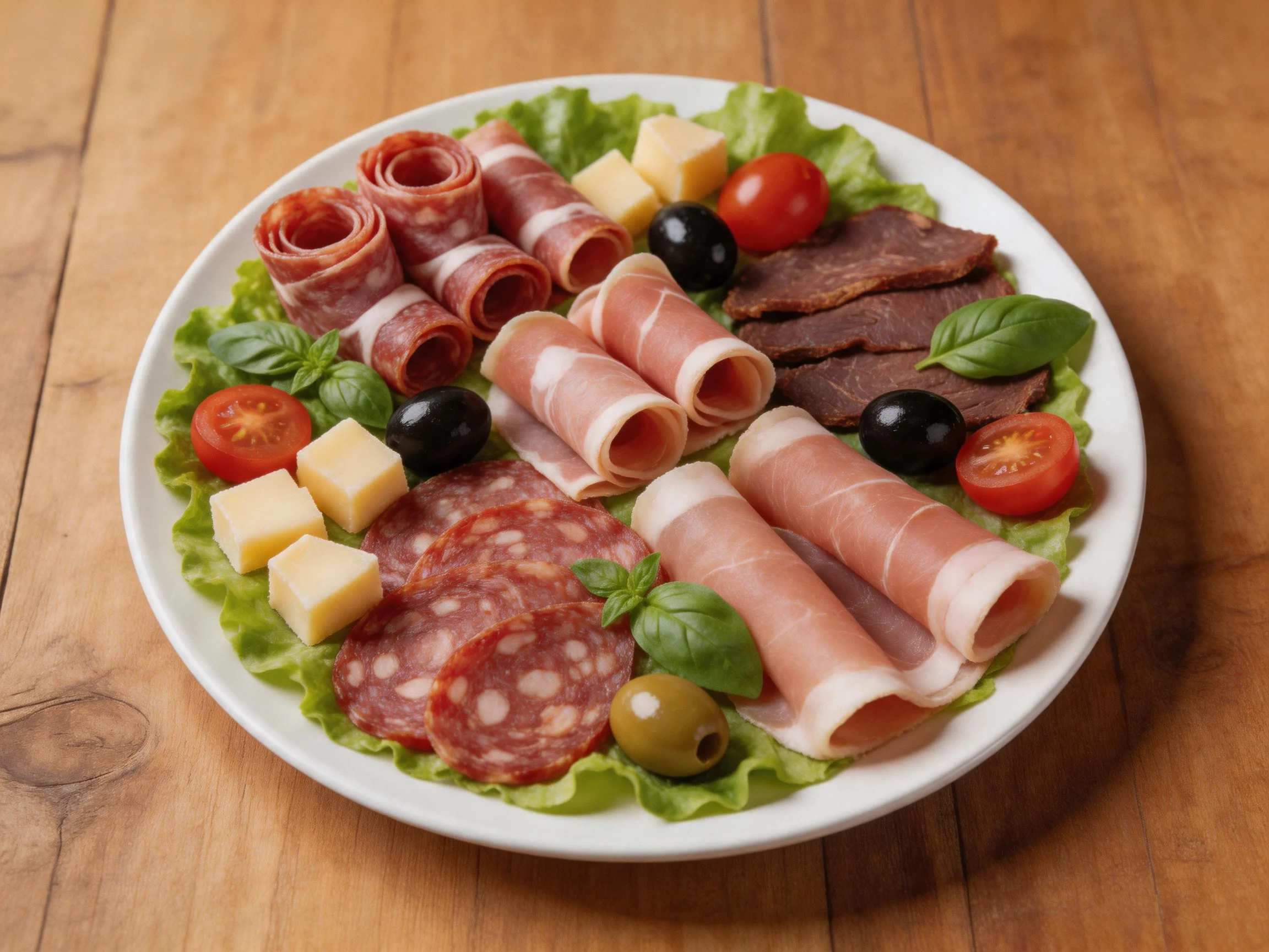A vibrant antipasto platter with sliced meats, cheeses, olives, and greens