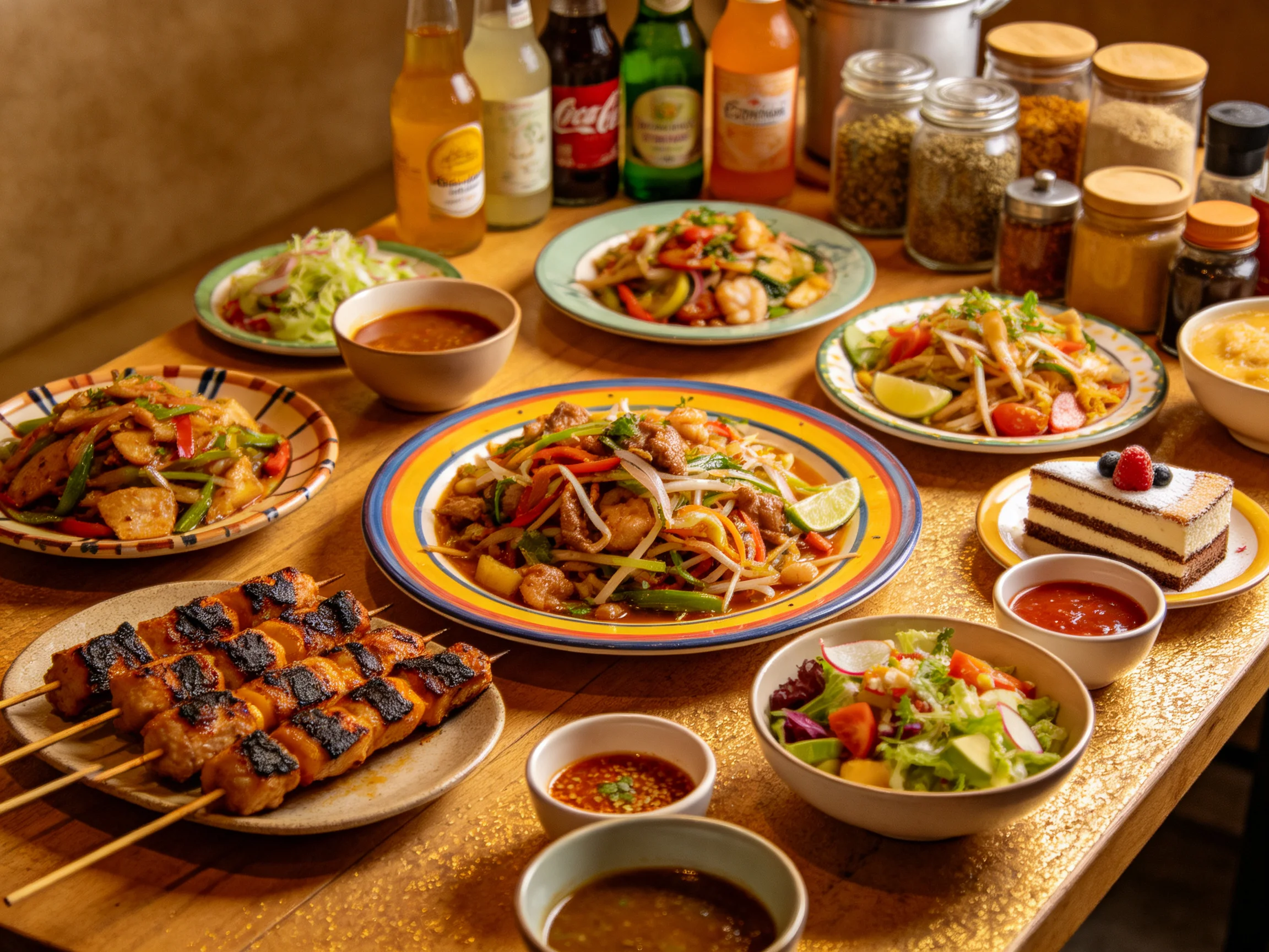 A vibrant array of Asian fusion dishes displayed on a golden table