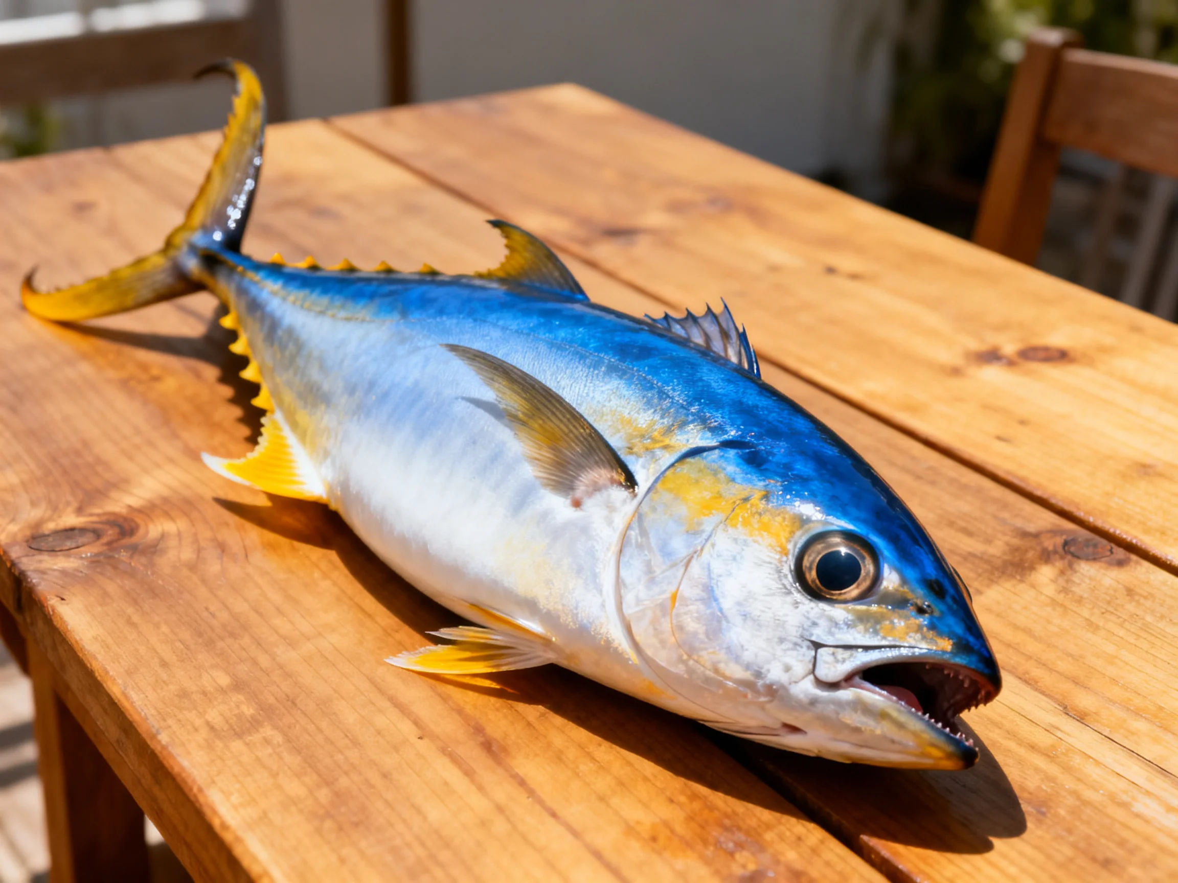 A vibrant blue and yellow tuna rests on a wooden table outside