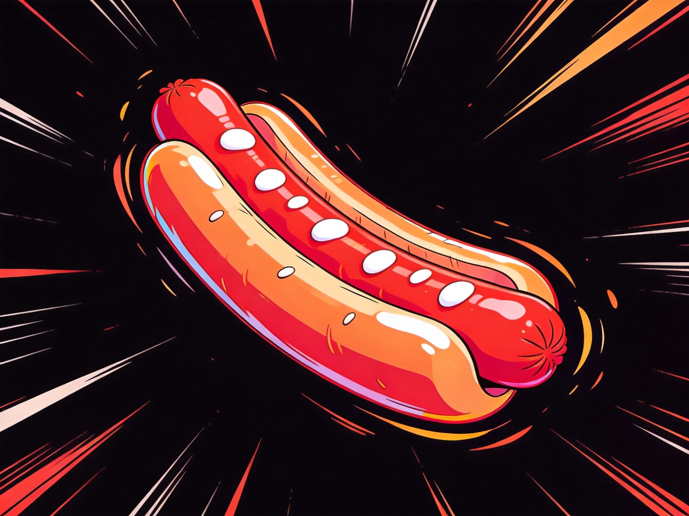 A vibrant cartoon hot dog with red sausage, orange bun, and white toppings