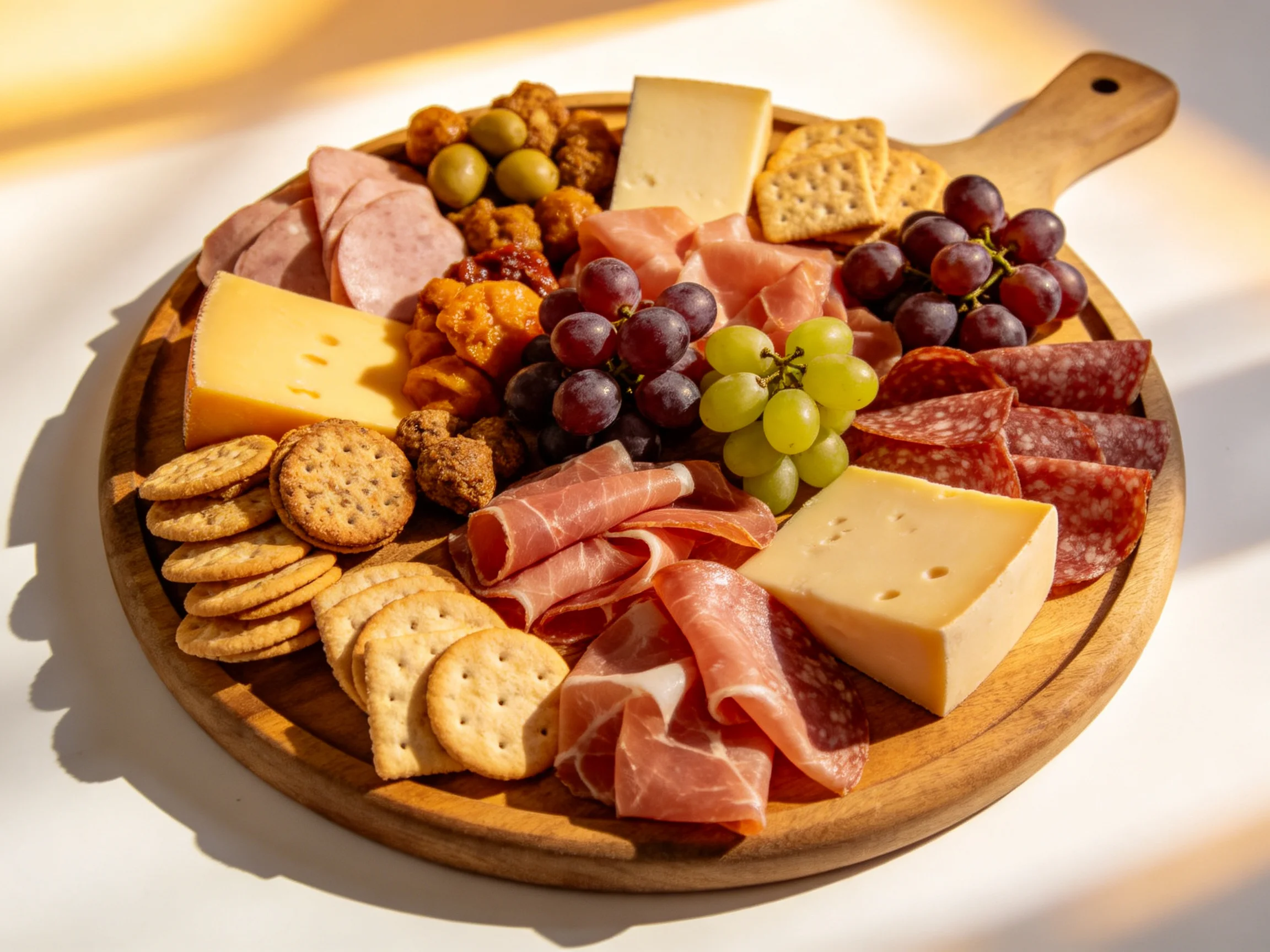 A vibrant charcuterie platter with meats, cheeses, and fruits