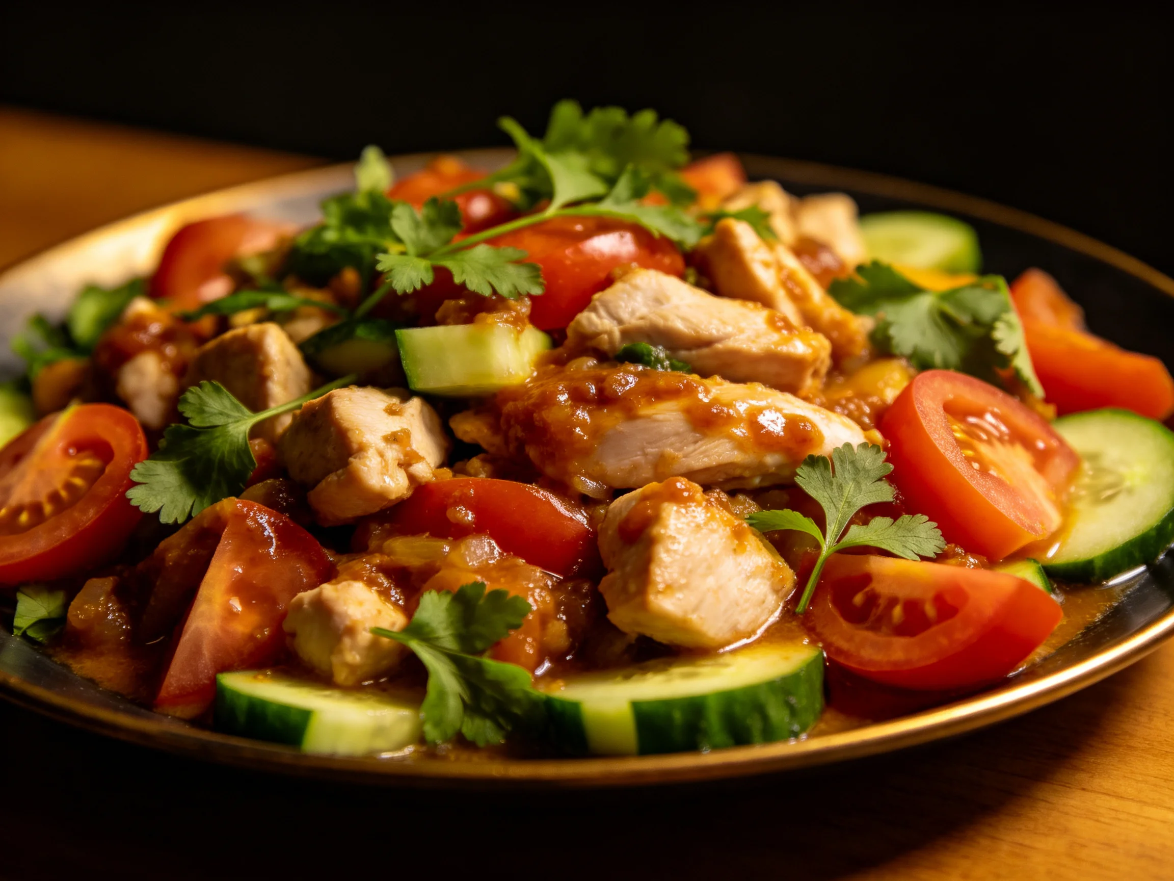A vibrant chicken salad with tomatoes, cucumbers, and cilantro