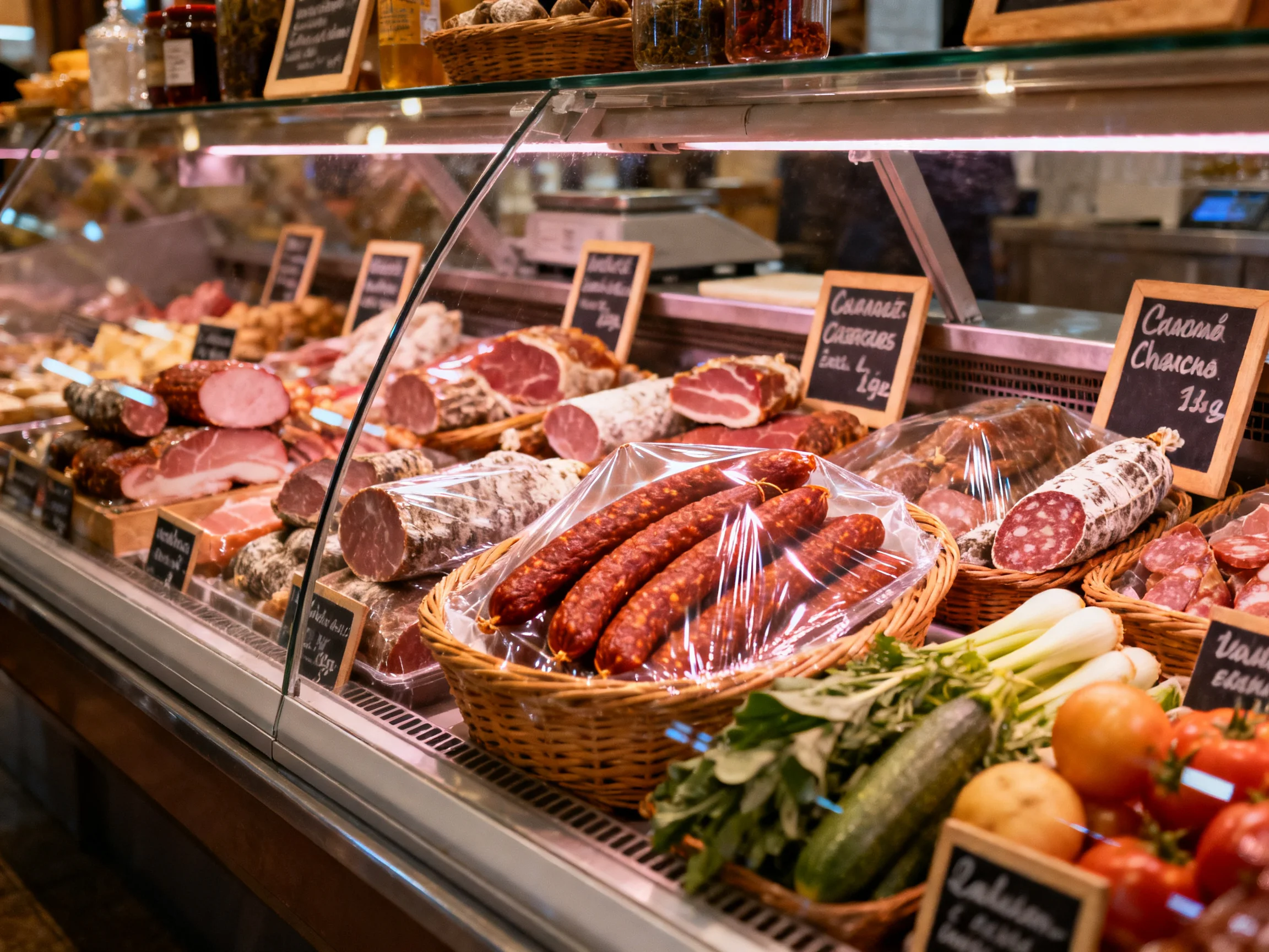 A vibrant deli display of cured meats, sausages, and fresh vegetables