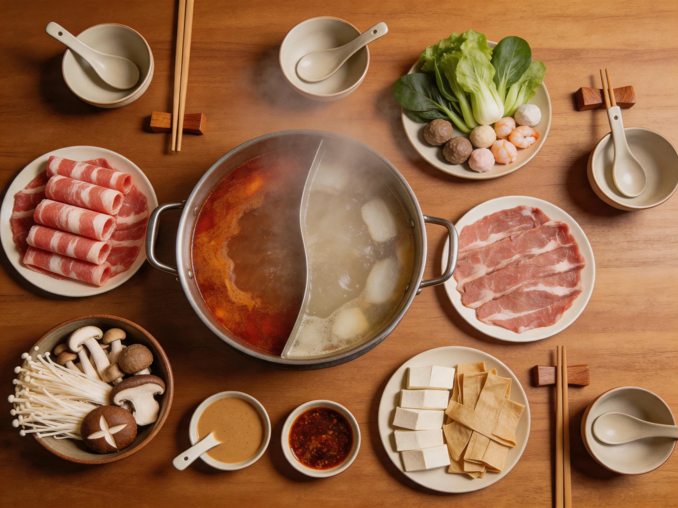 A vibrant hot pot spread with assorted meats and fresh vegetables