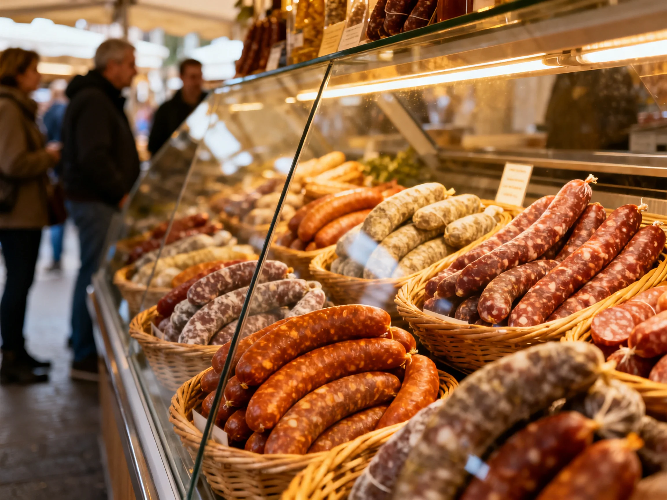 A vibrant market display of assorted cured sausages in wicker baskets