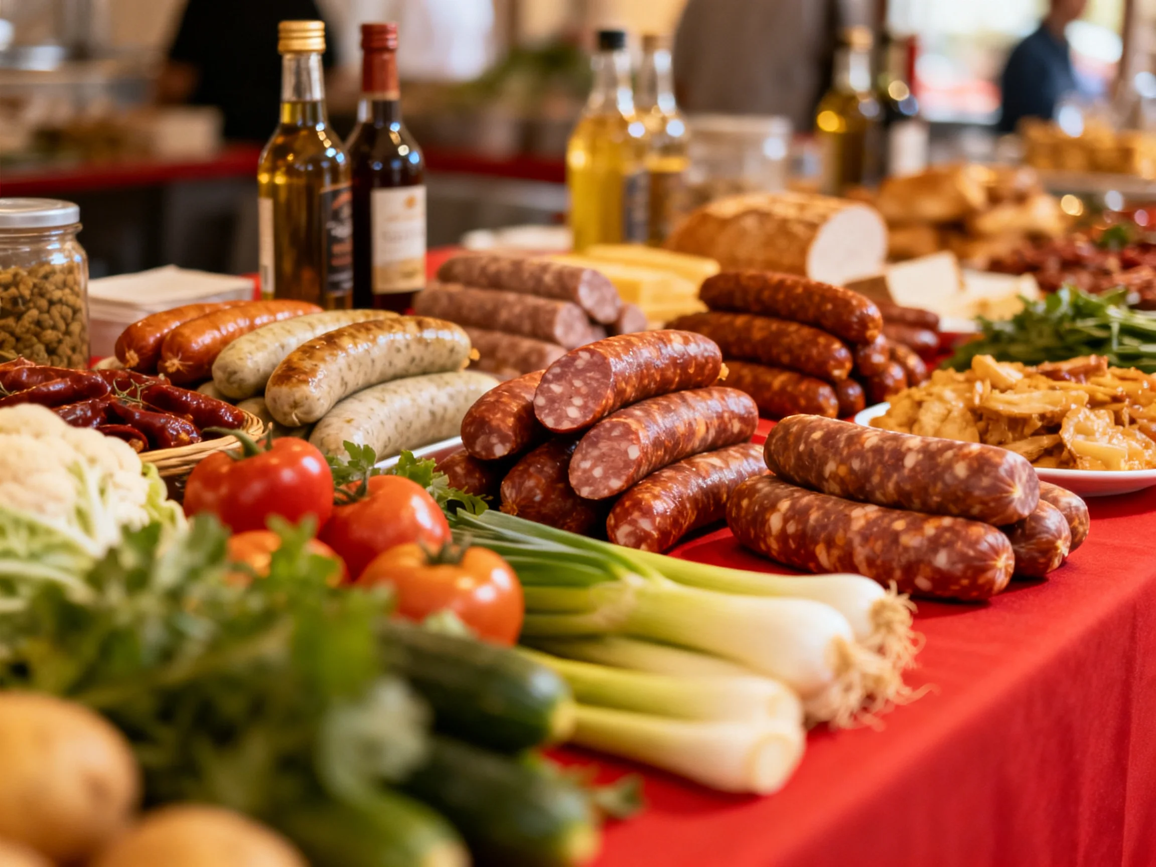 A vibrant market spread with assorted sausages, fresh veggies, and colorful condiments