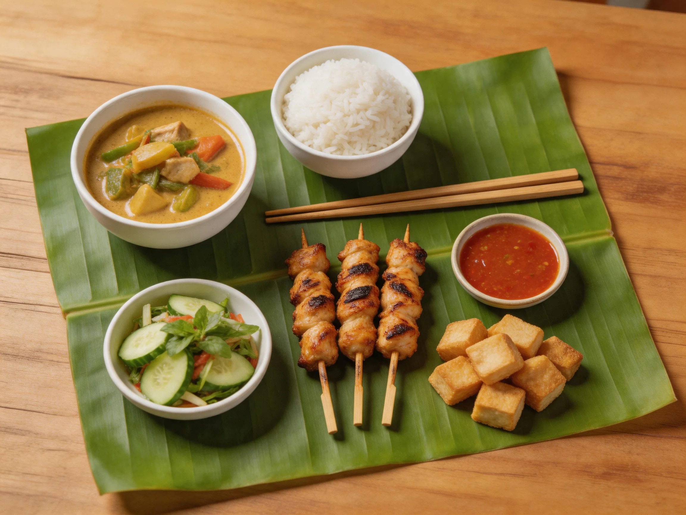 A vibrant meal spread with curry, satay, rice, and fresh salads