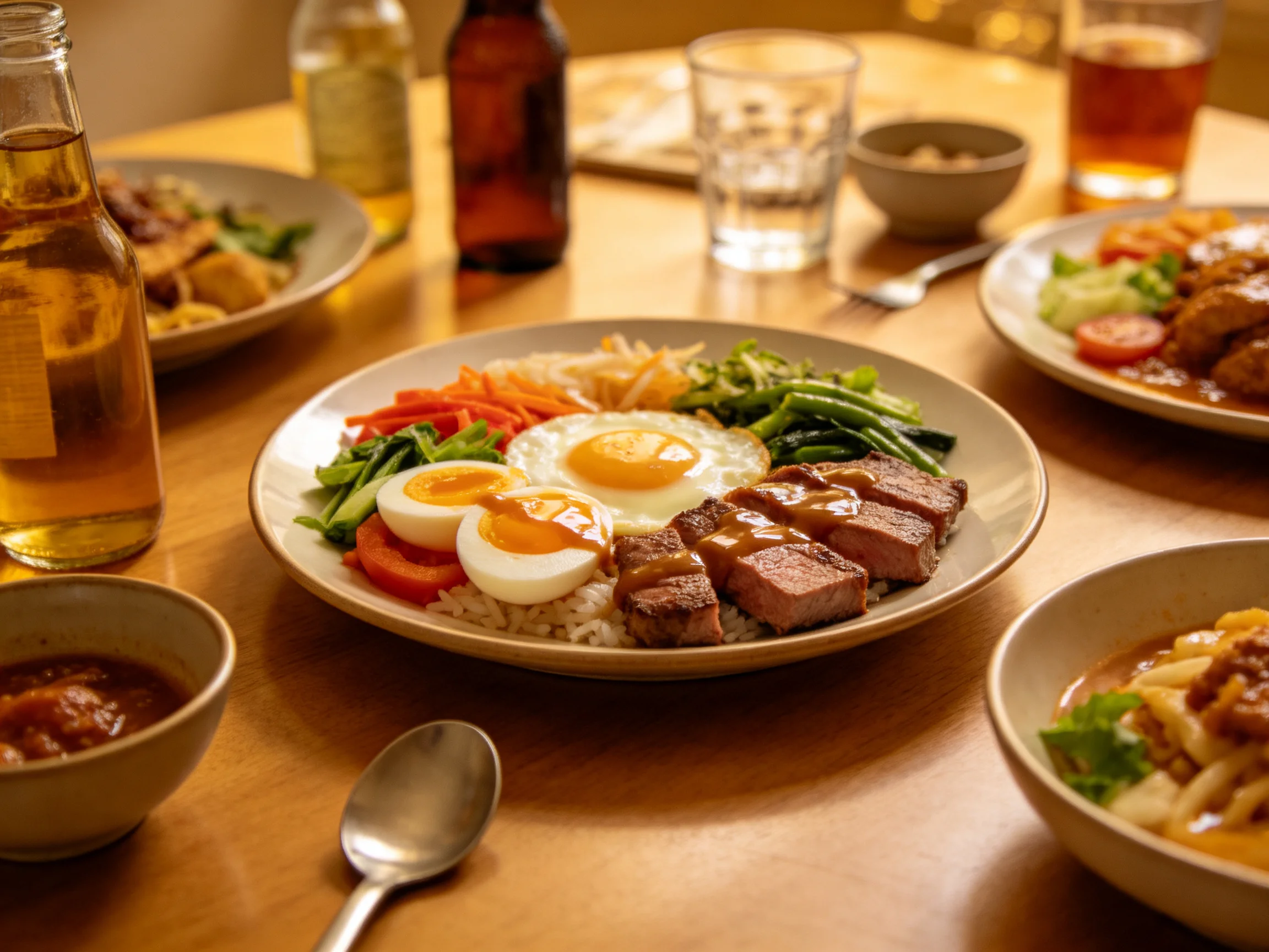A vibrant meal spread with grilled meat, fried eggs, and fresh vegetables