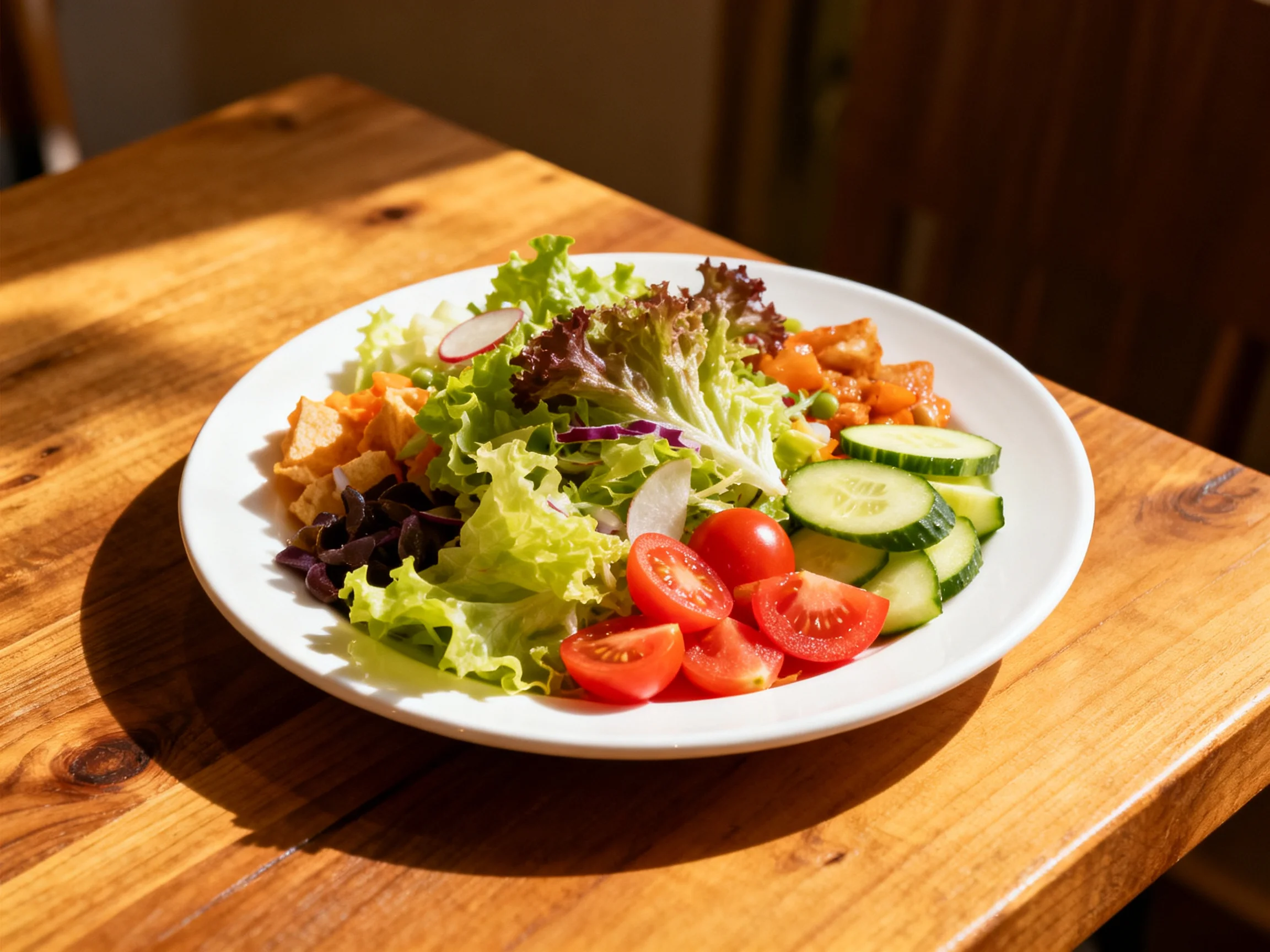 A vibrant mixed green salad with cherry tomatoes, cucumber slices, and croutons