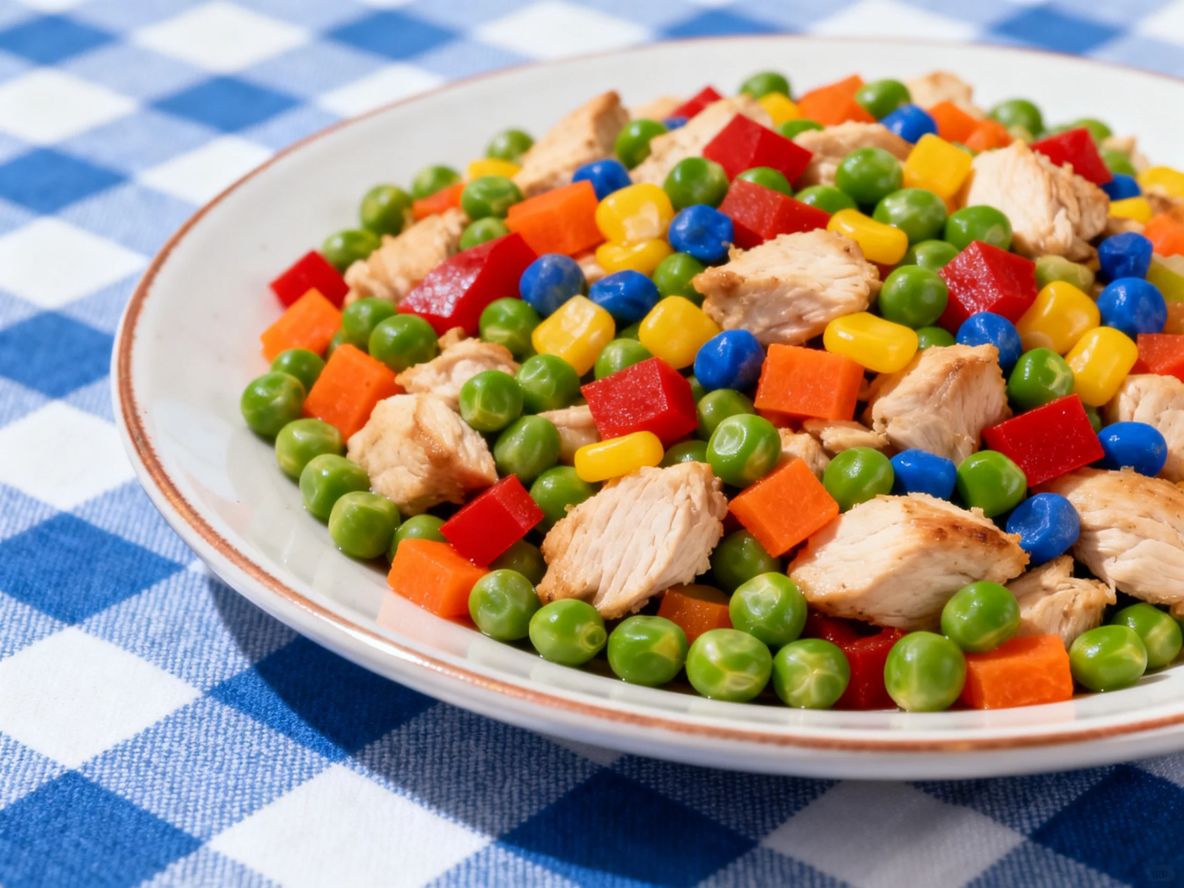 A vibrant mixed vegetable and chicken salad with diverse colorful ingredients