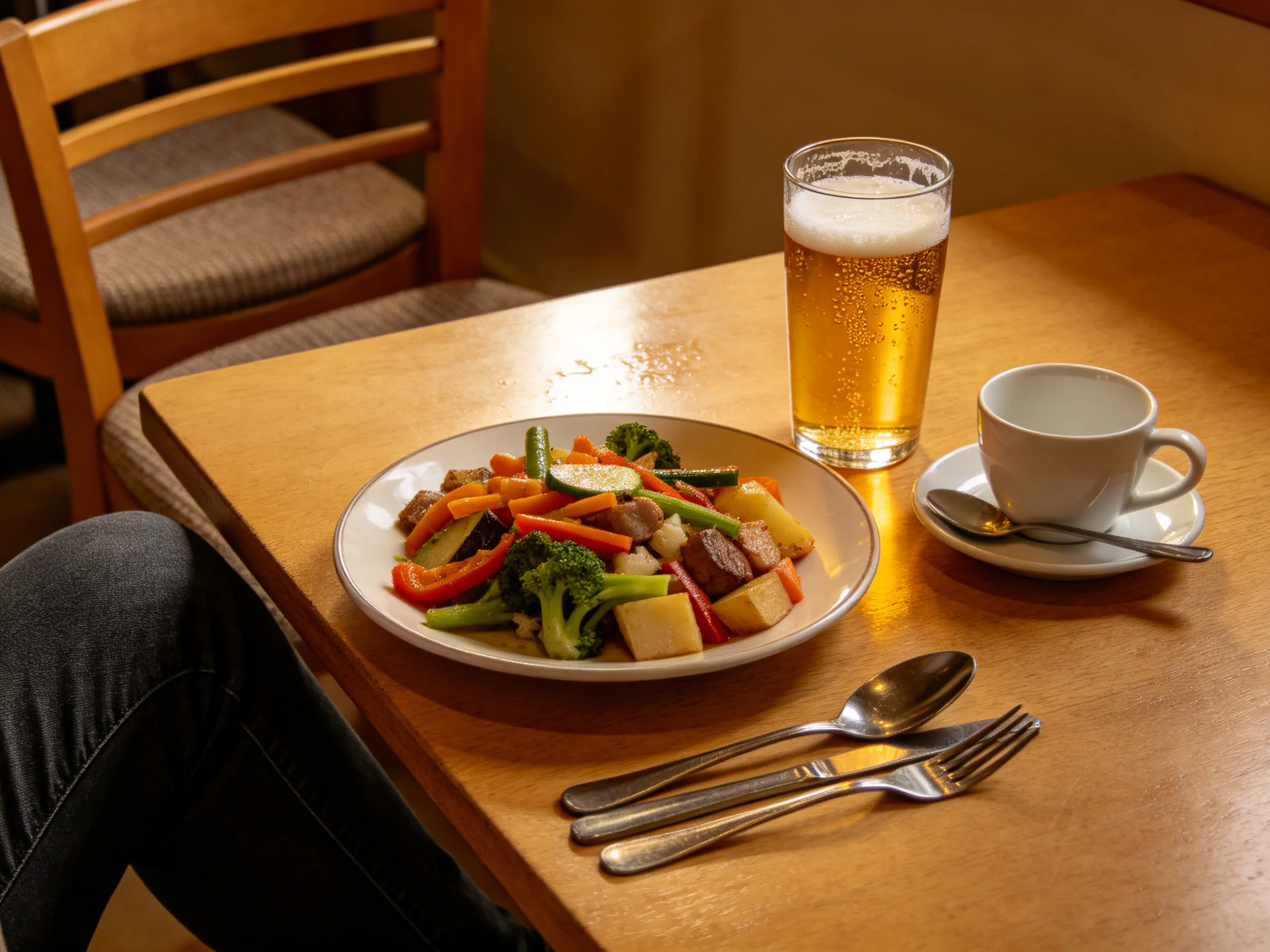 A vibrant mixed vegetable dish served with beer and coffee on a wooden table