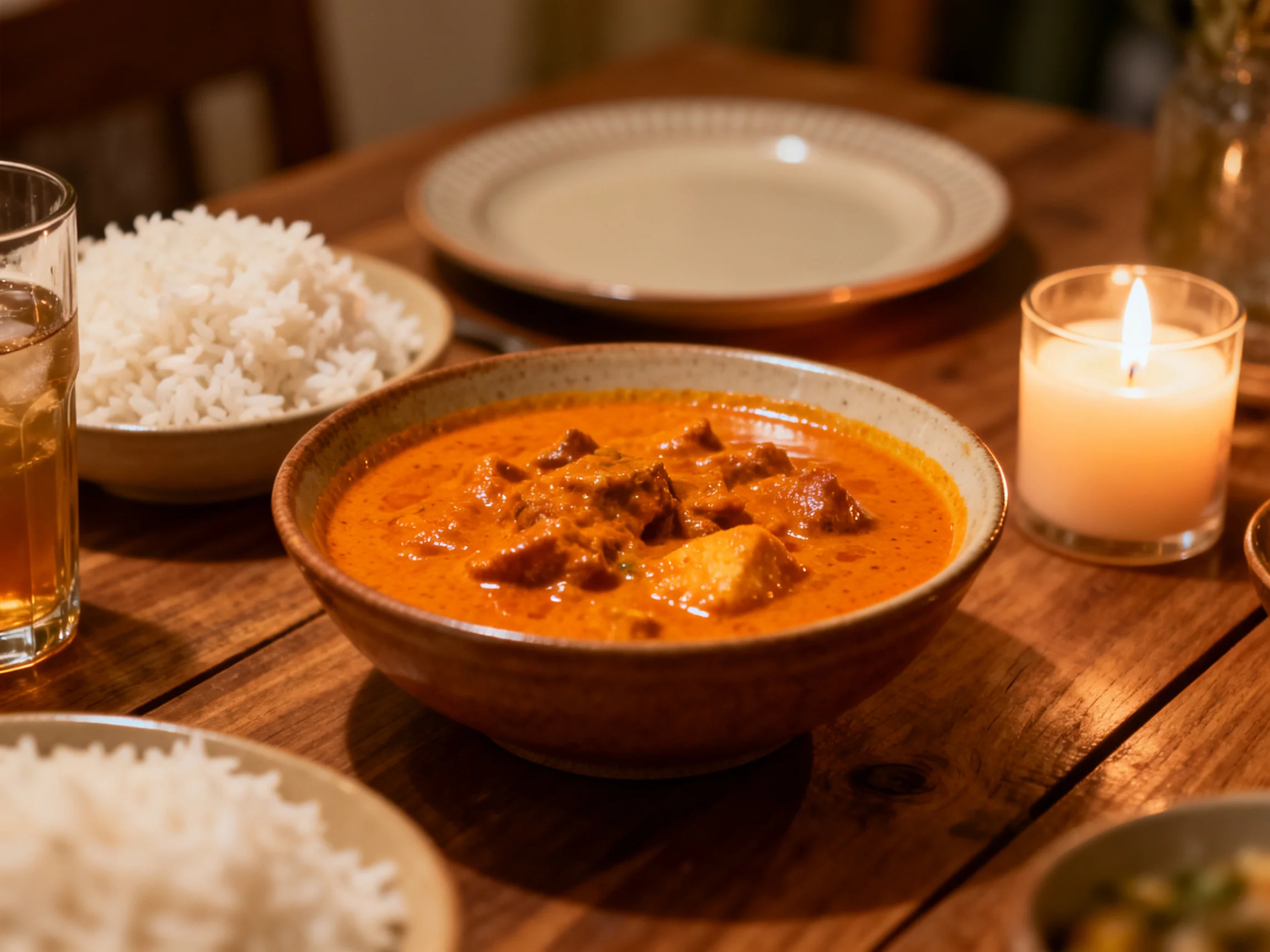 A vibrant orange curry served with white rice on a wooden table with a lit candle