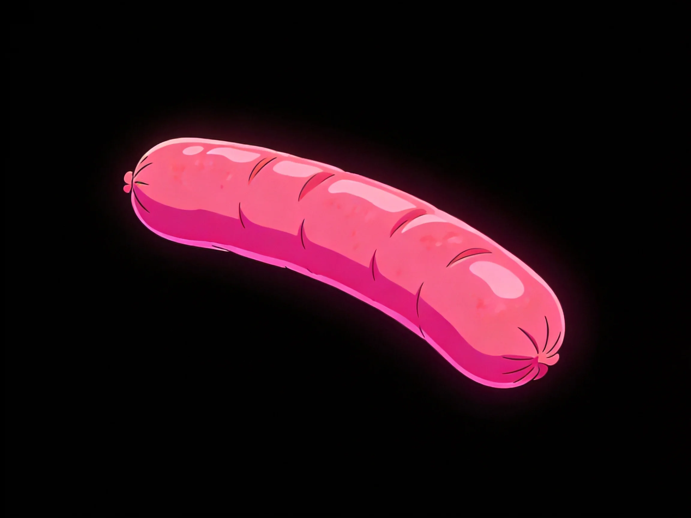 A vibrant pink cartoon sausage displayed on a solid black background