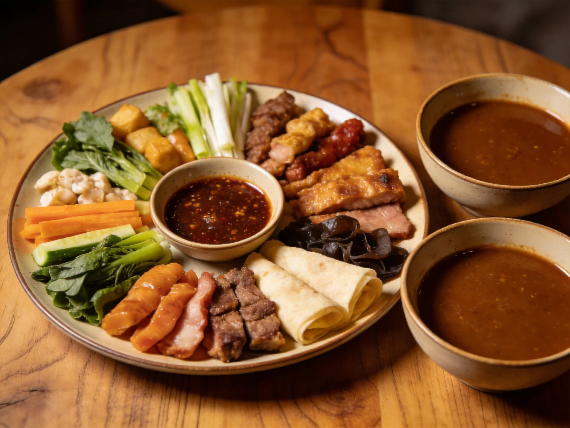 A vibrant platter of mixed meats, vegetables, and sauces beside two bowls of brown broth