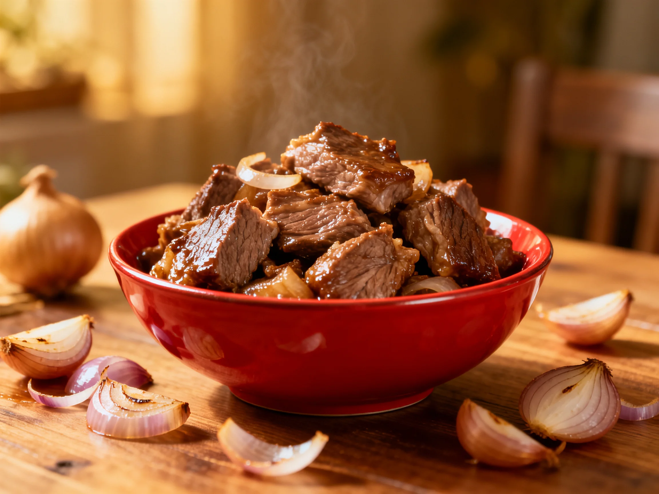 A vibrant red bowl filled with savory beef stew and caramelized onions