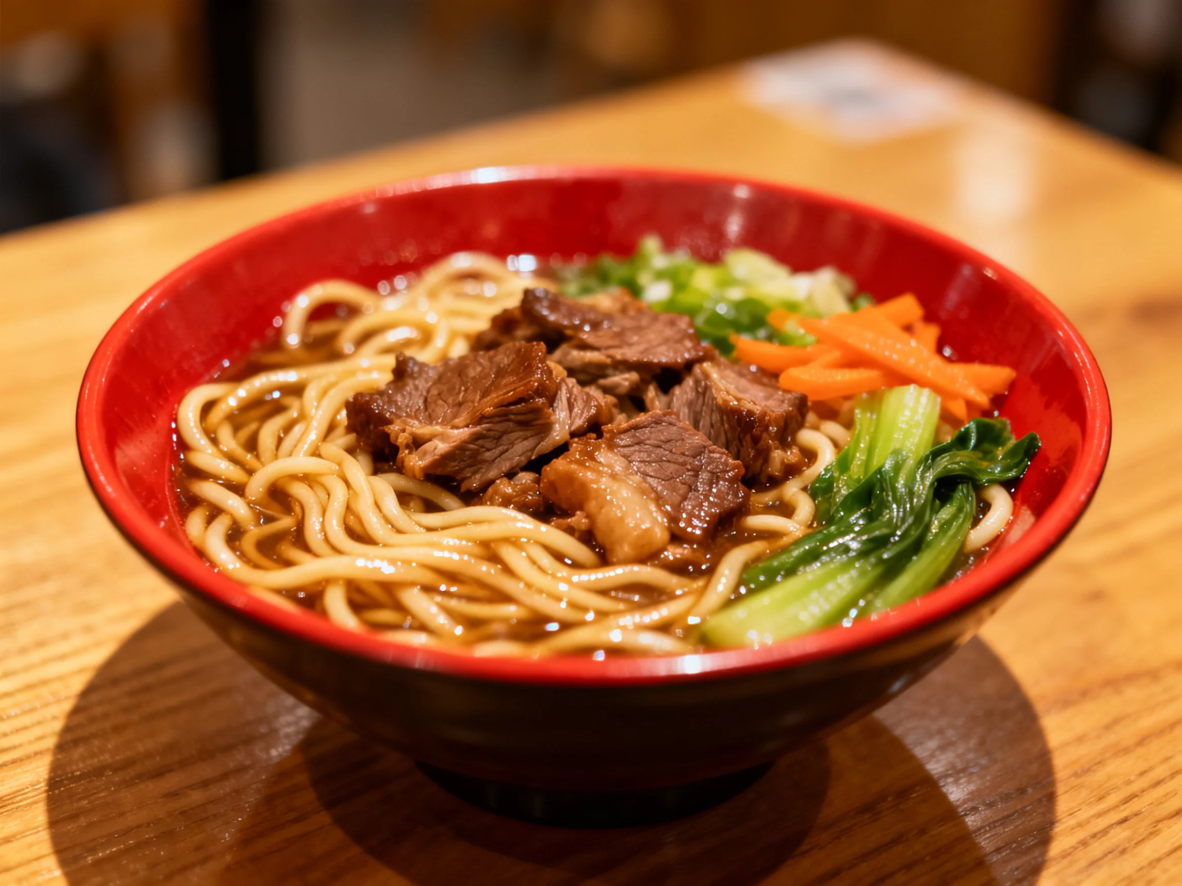 A vibrant red bowl holds thick noodles, tender beef, and fresh greens