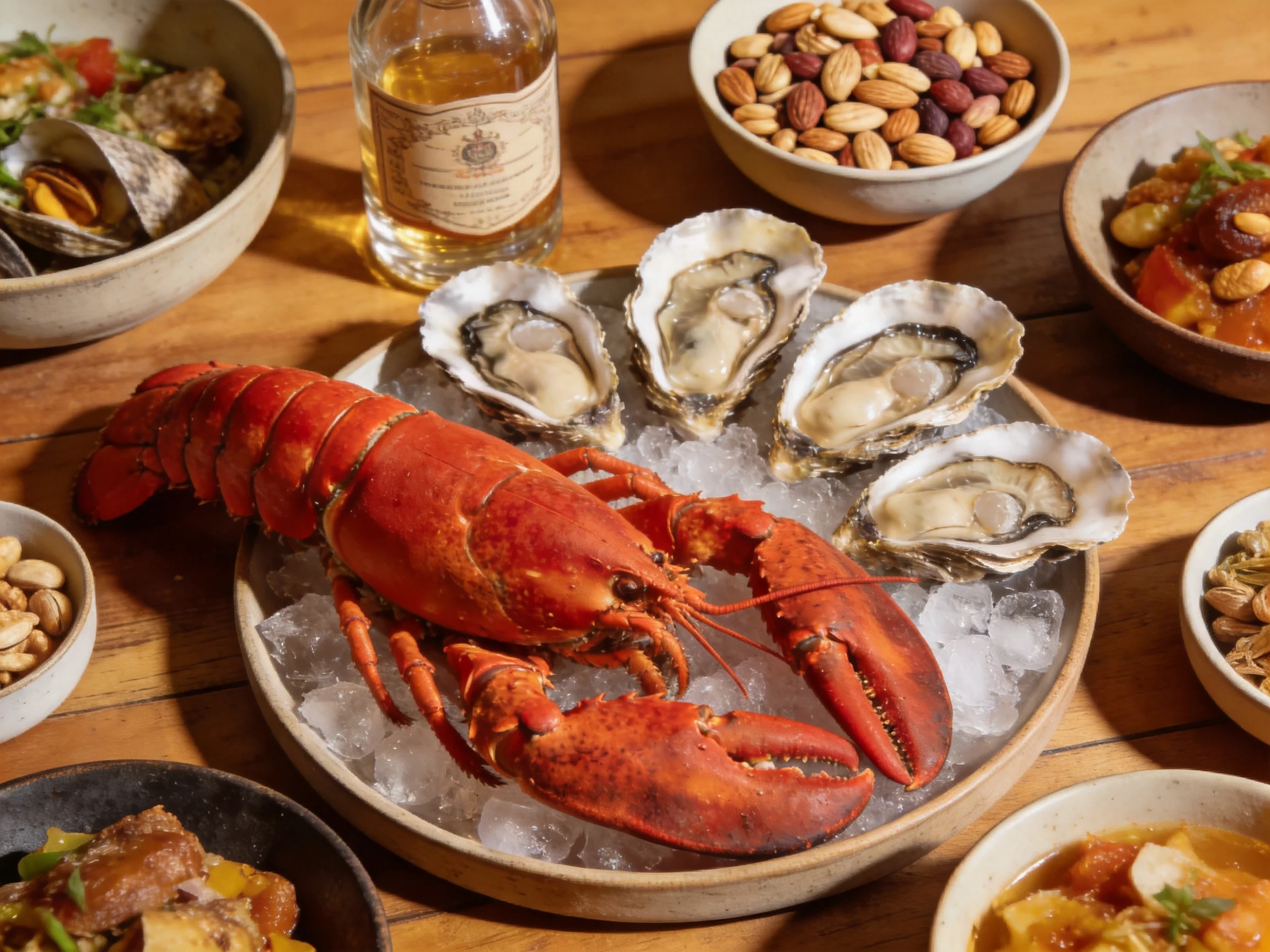 A vibrant seafood spread with lobster, oysters, and assorted dishes