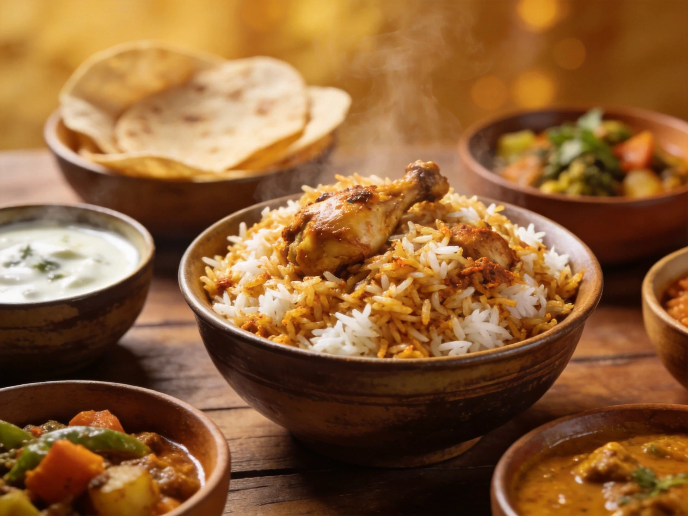 A vibrant spread of Indian cuisine featuring biryani and assorted dishes