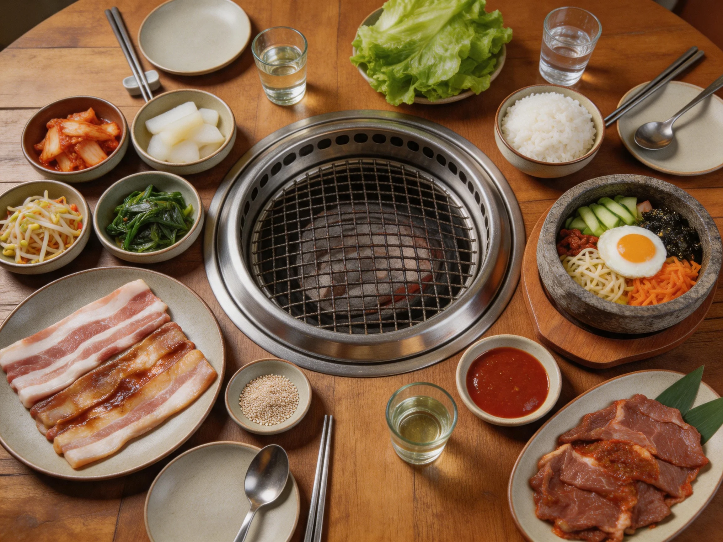 A vibrant spread of Korean BBQ dishes and sides