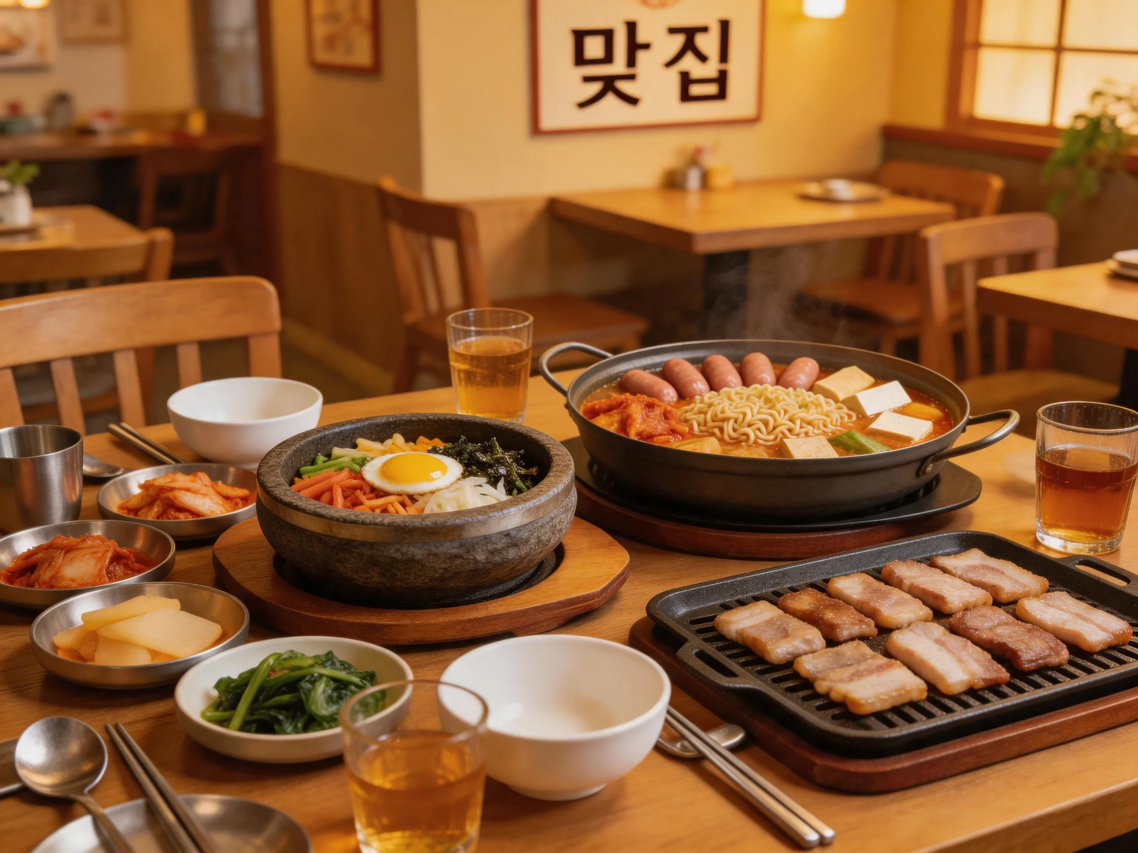 A vibrant spread of Korean dishes in a cozy restaurant setting