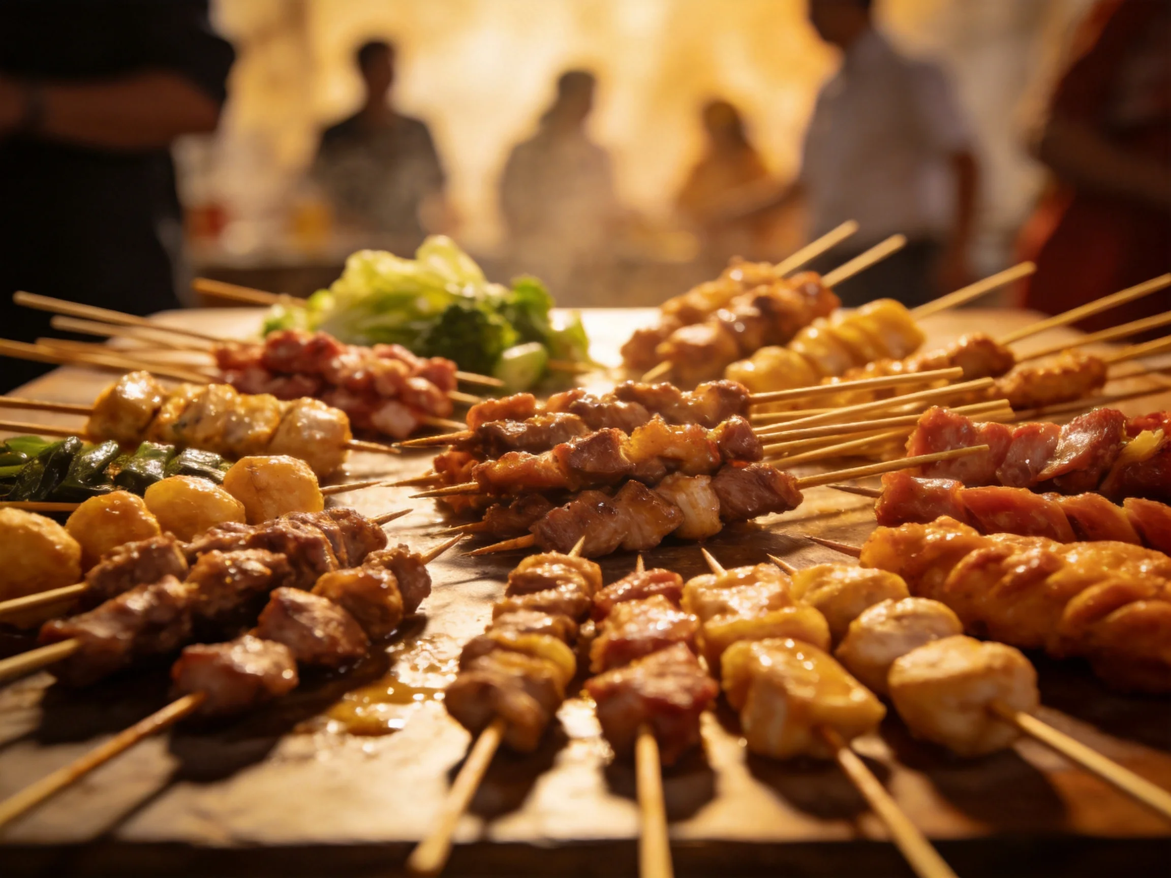 A vibrant spread of assorted grilled skewers with diverse meats and veggies
