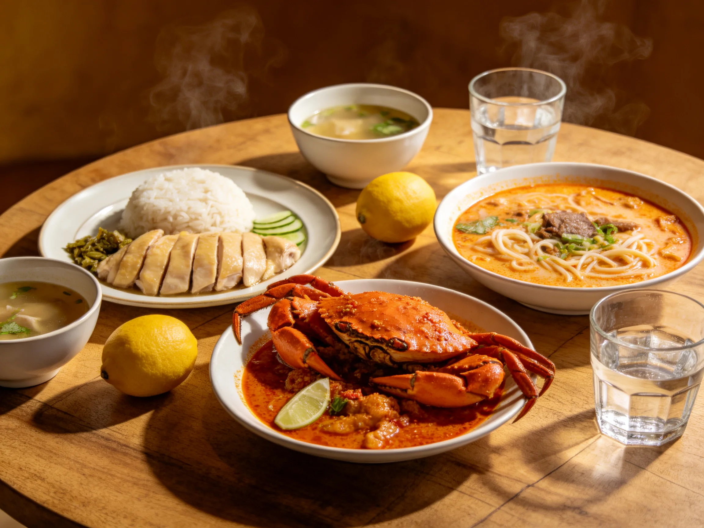 A vibrant spread of seafood, noodles, and rice with steaming dishes