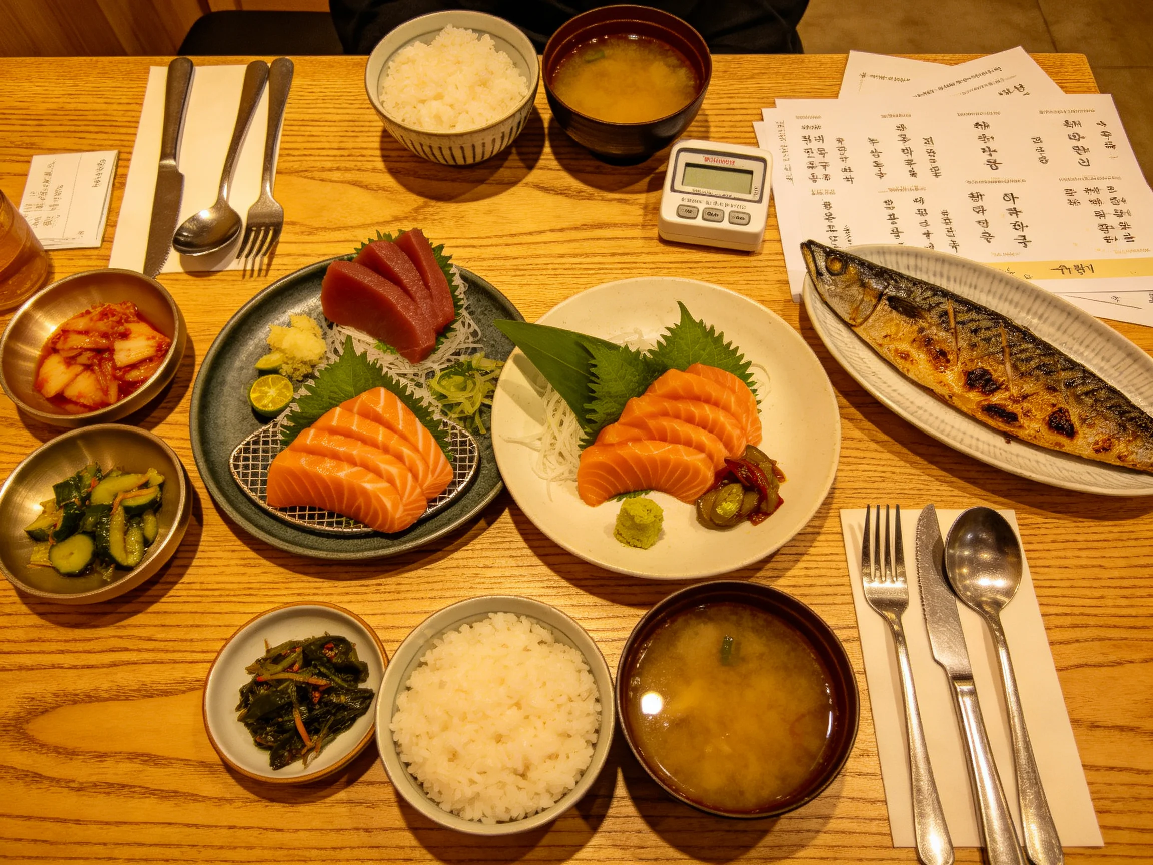 A vibrant spread of sushi, grilled fish, and rice bowls on a wooden table