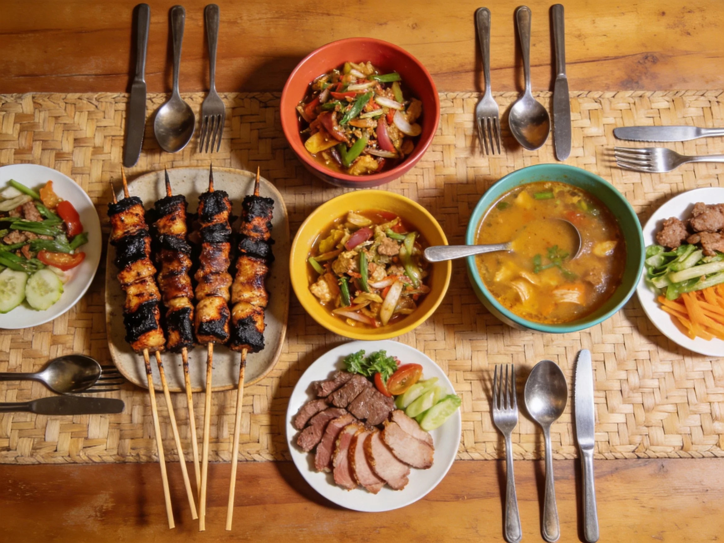 A vibrant spread with grilled skewers, colorful bowls, and assorted dishes