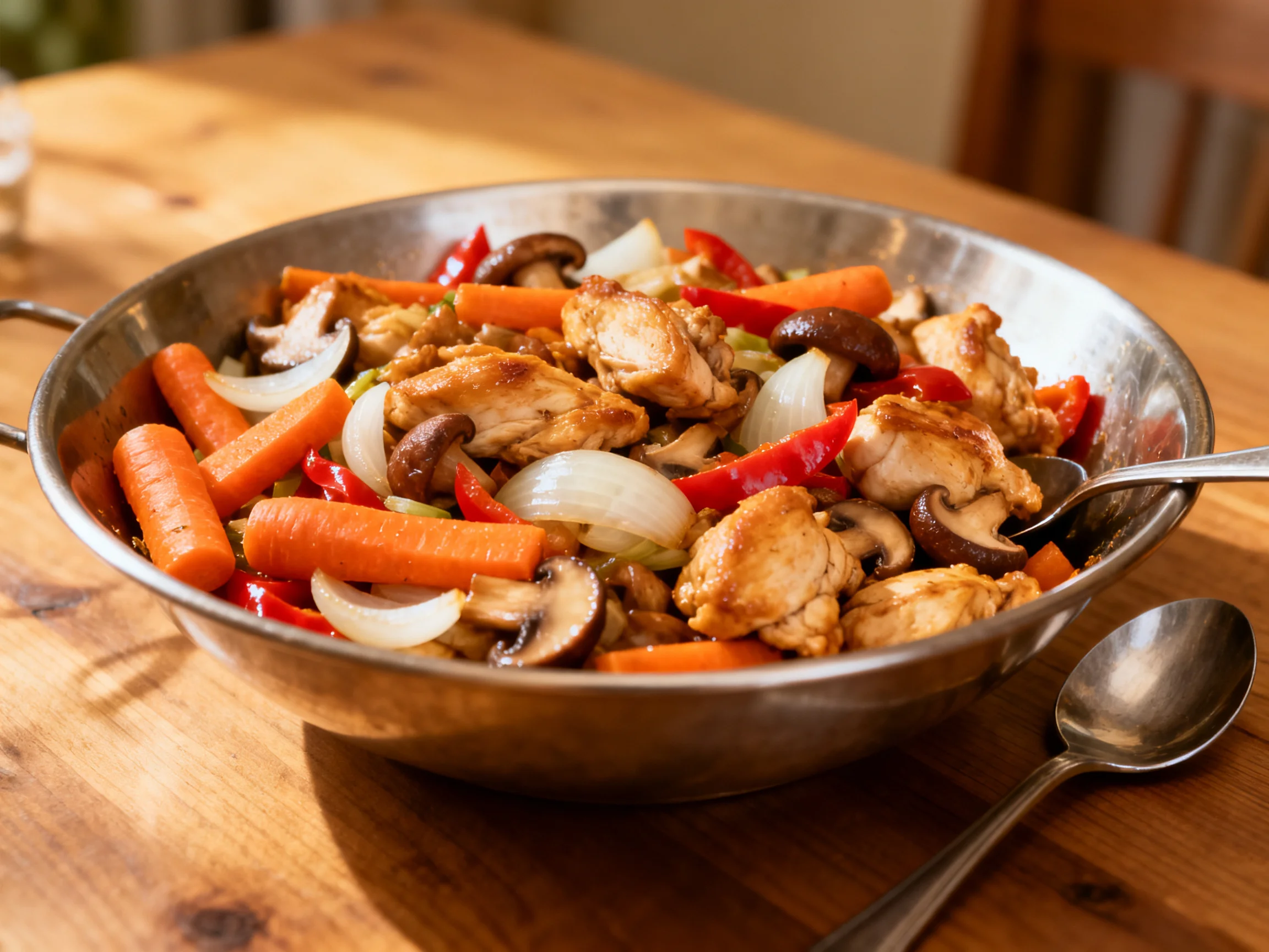 A metal dish holds a colorful mix of chicken and vegetables on wood.
