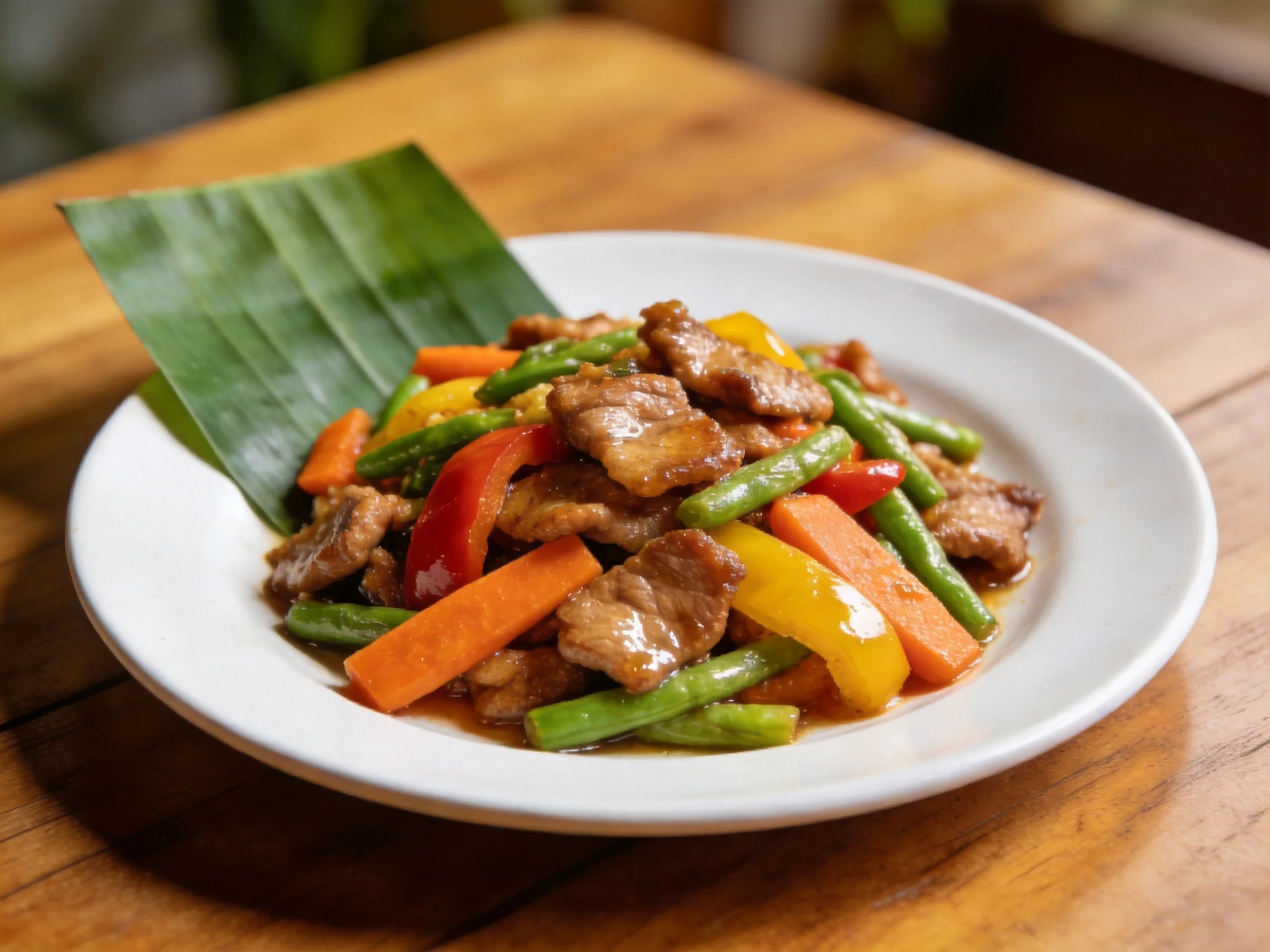 A vibrant stir - fry with pork, green beans, and colorful peppers