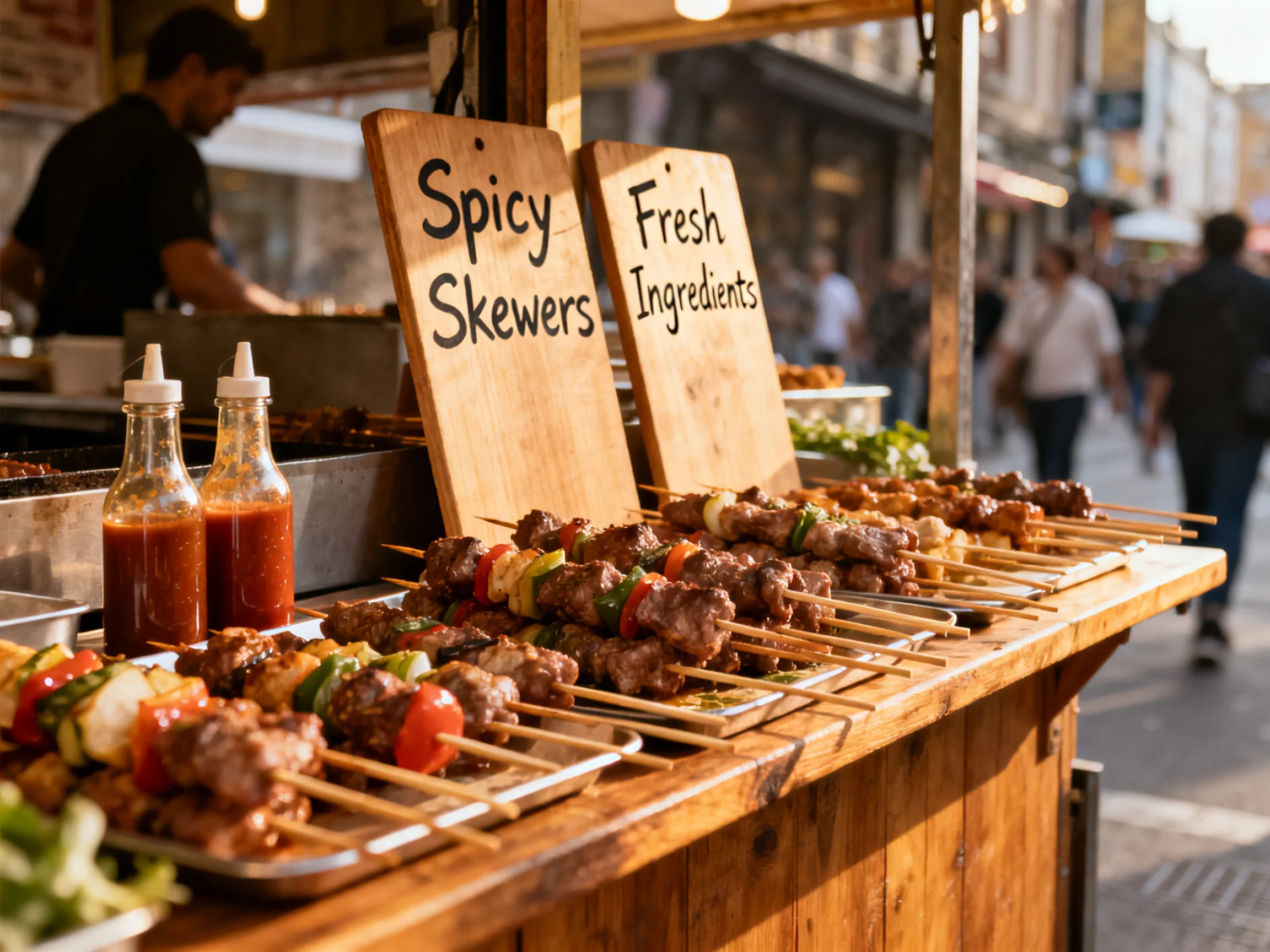 A vibrant street food stall offers grilled skewers with fresh ingredients