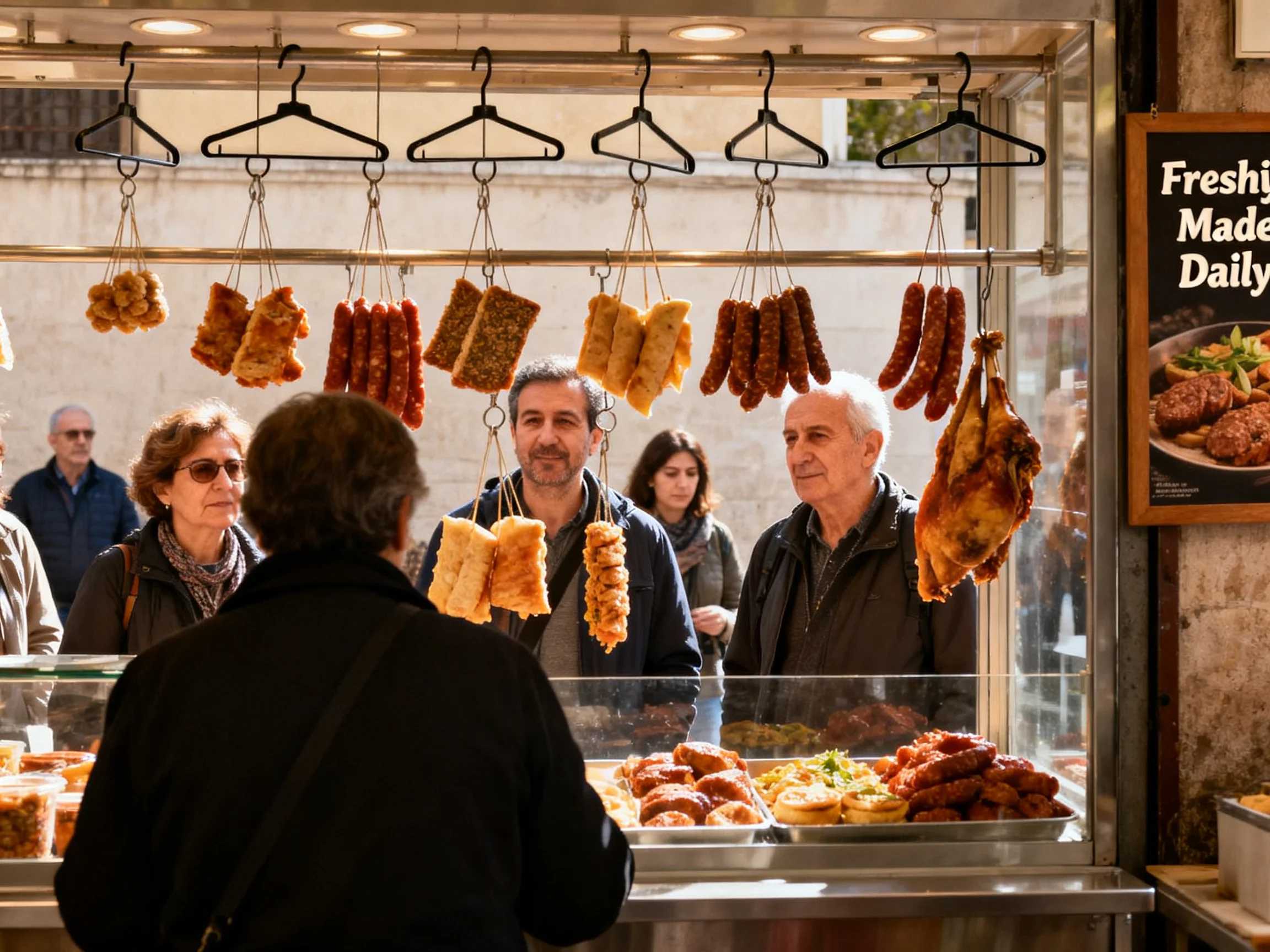 A vibrant street food stall with hanging sausages and roasted chicken