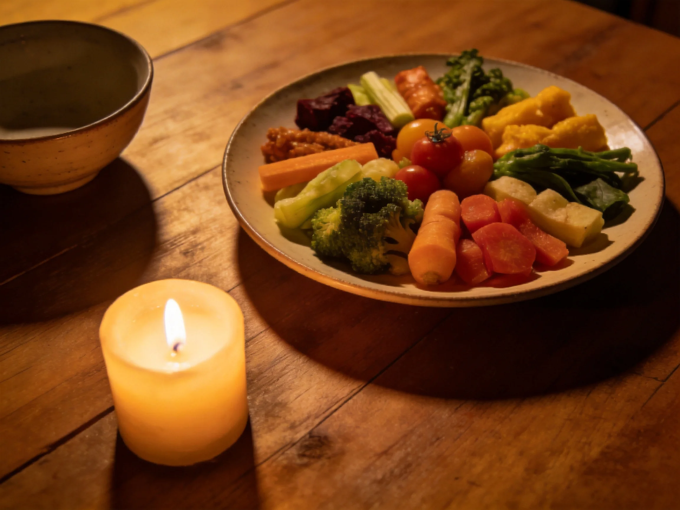 A vibrant vegetable platter with assorted veggies near a lit candle on a wooden table