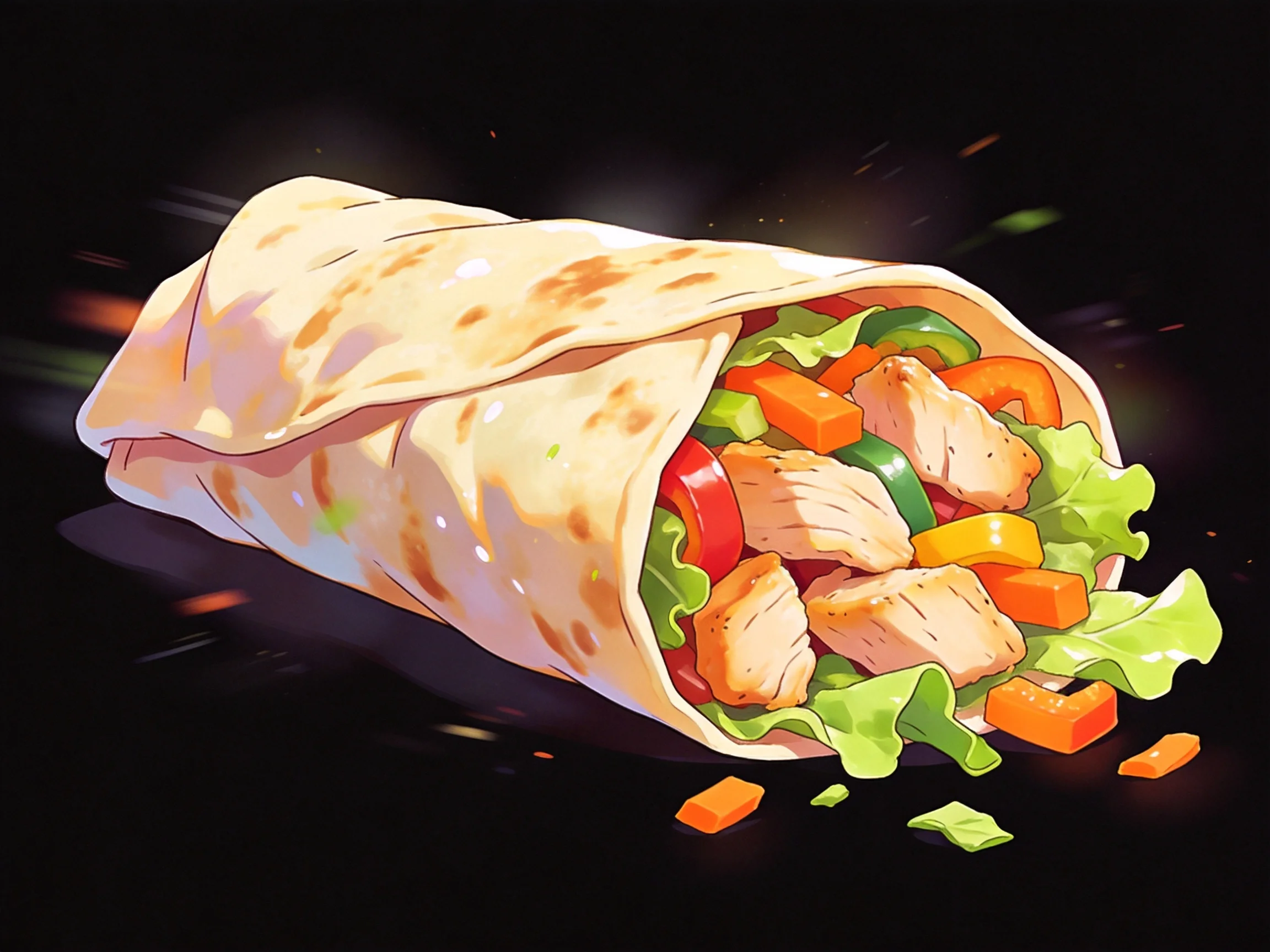 A vibrant wrap loaded with chicken, vegetables, and fresh greens