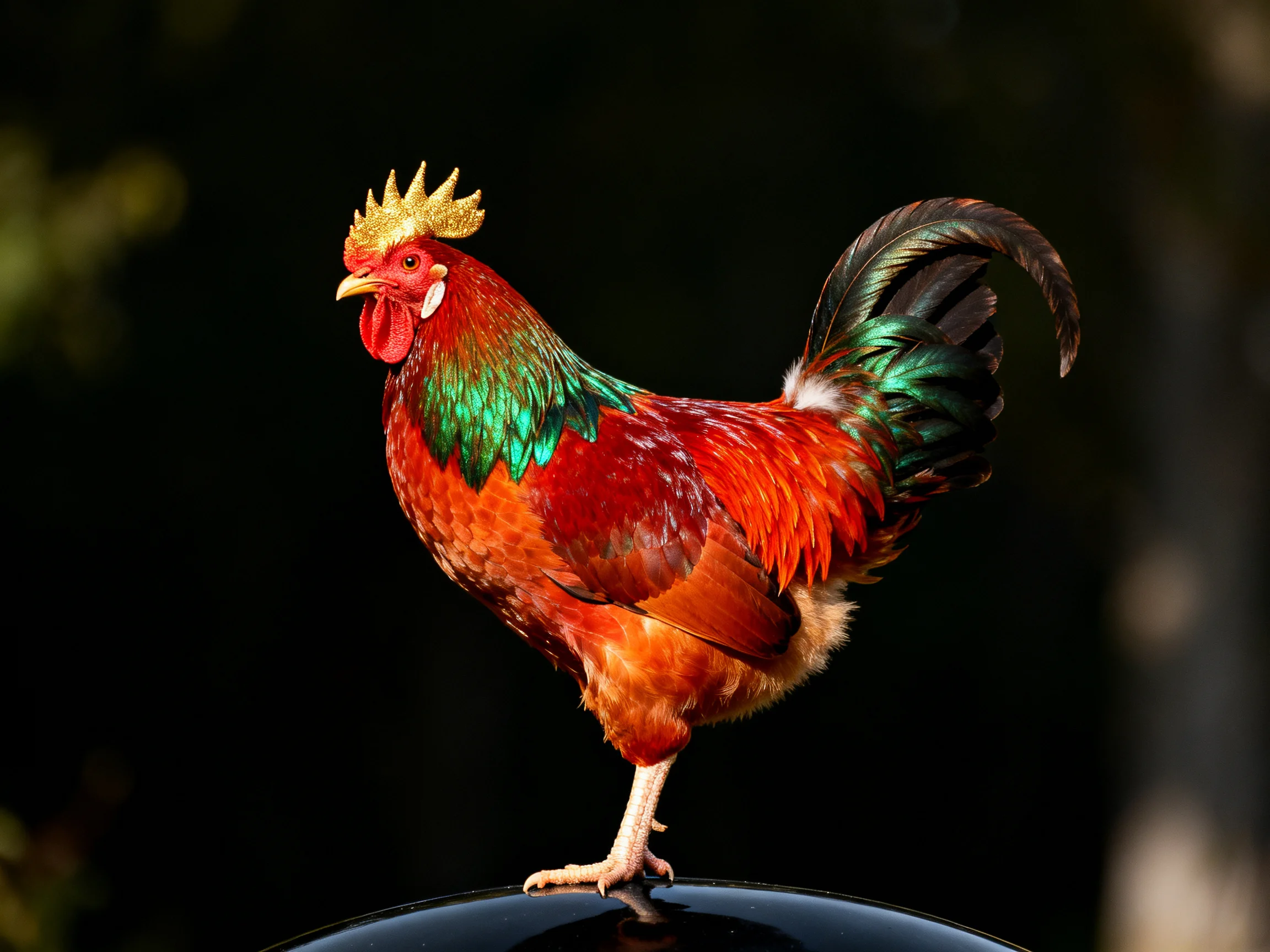 A vibrantly colored rooster with golden crest perched on a glossy black surface