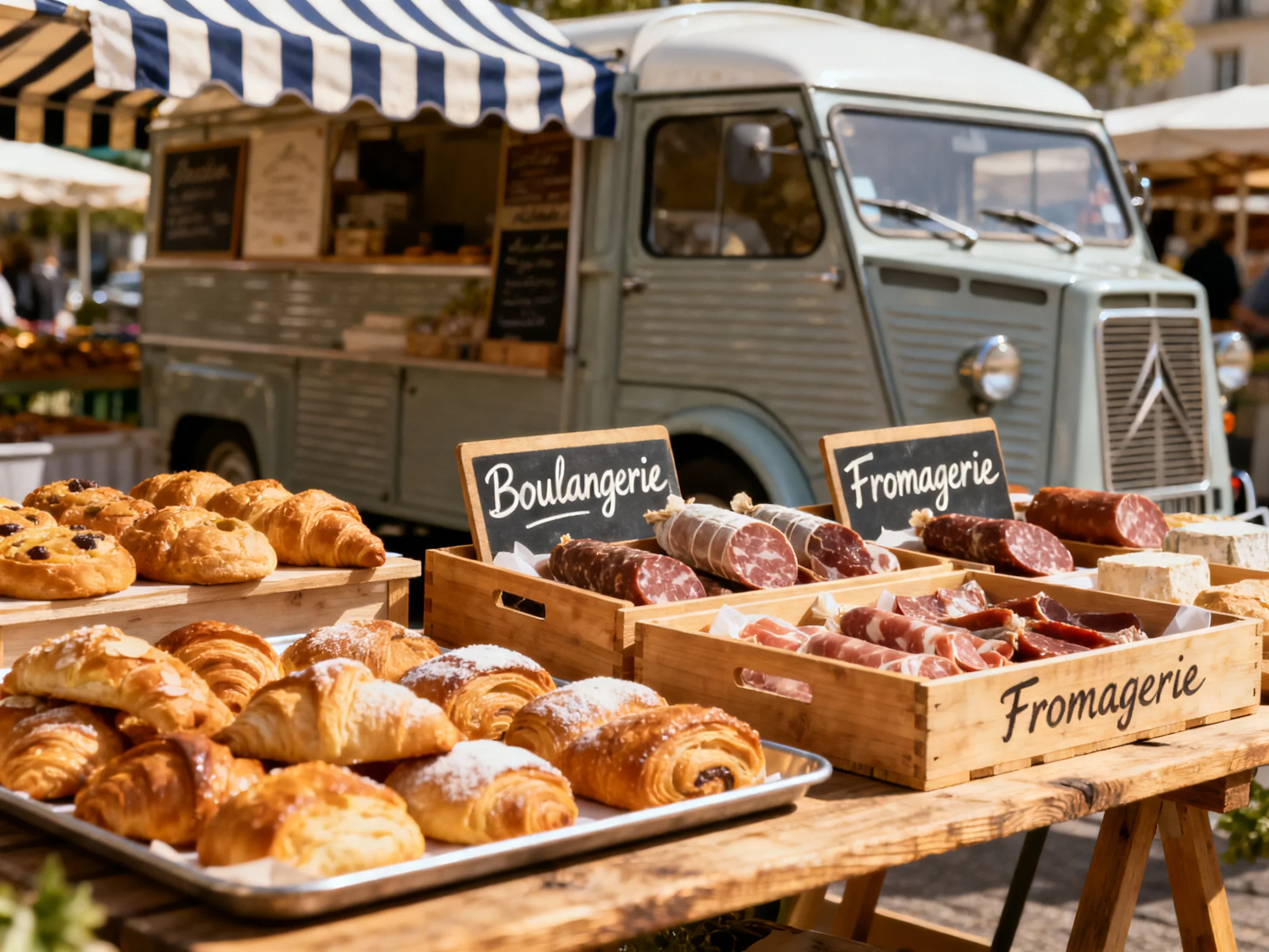 A vintage gray food truck displays fresh croissants and assorted meats