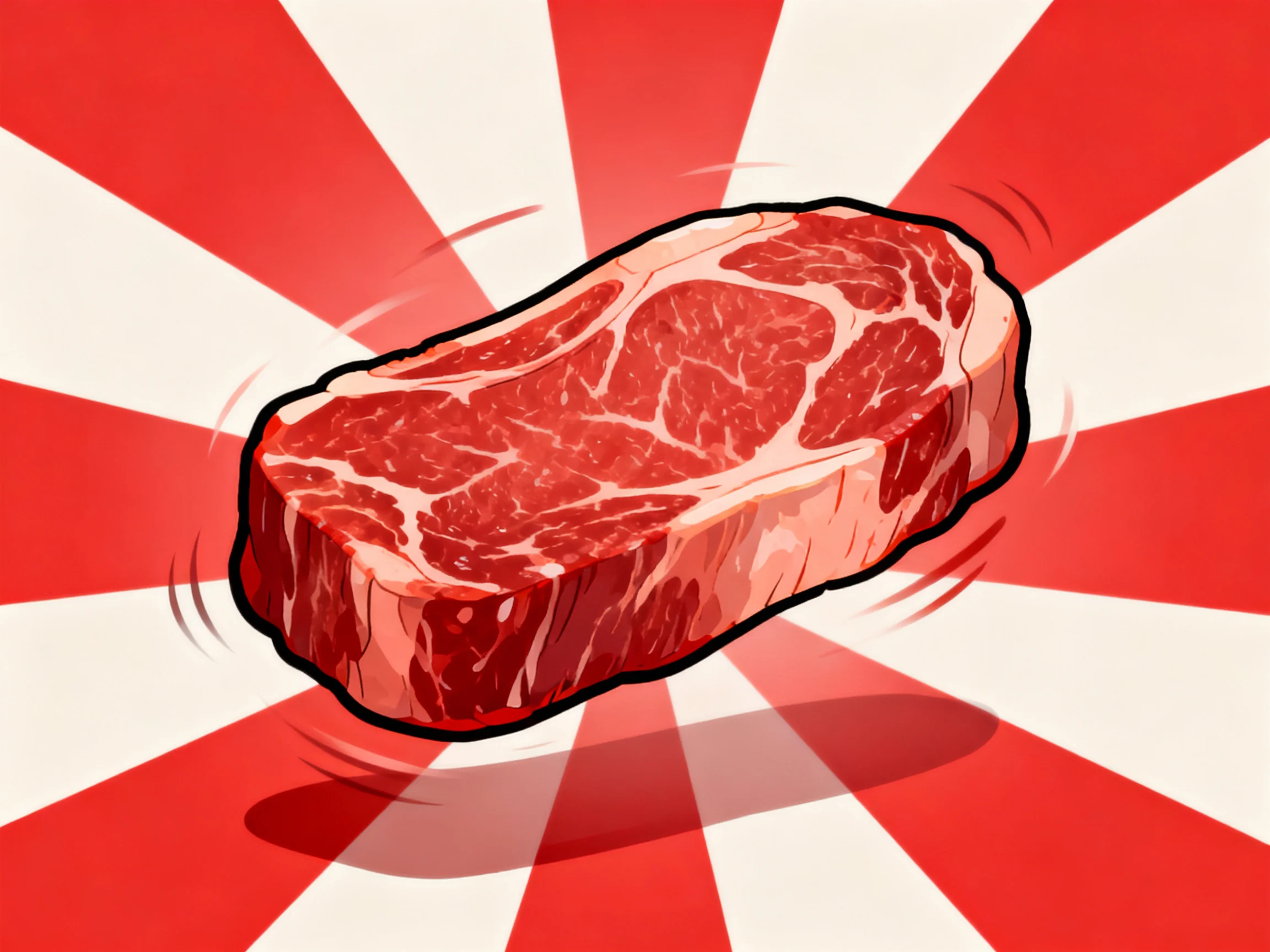 A vividly illustrated marbled red beef steak on a bold striped background