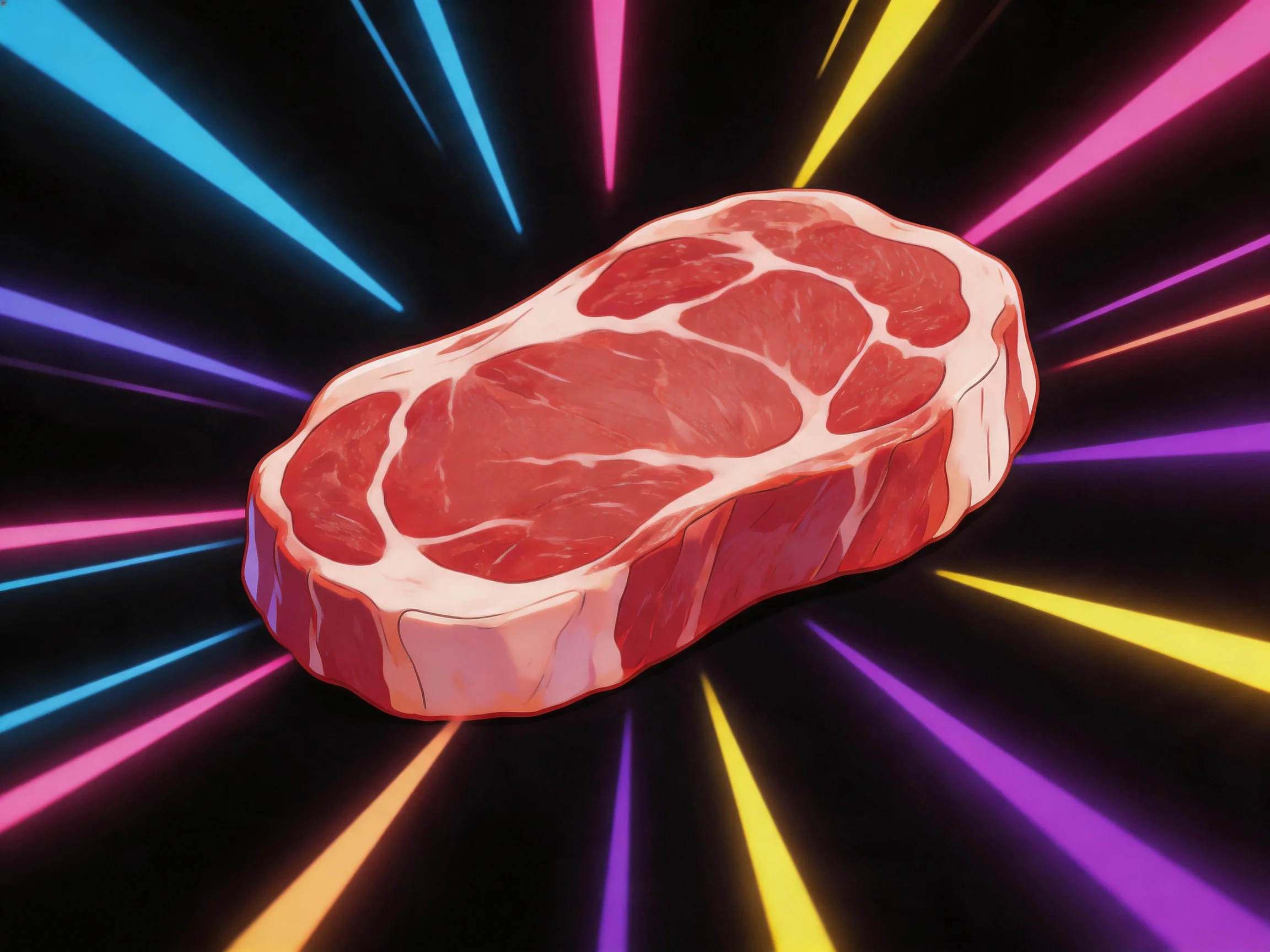 A vividly illustrated raw steak with multicolored radial light beams