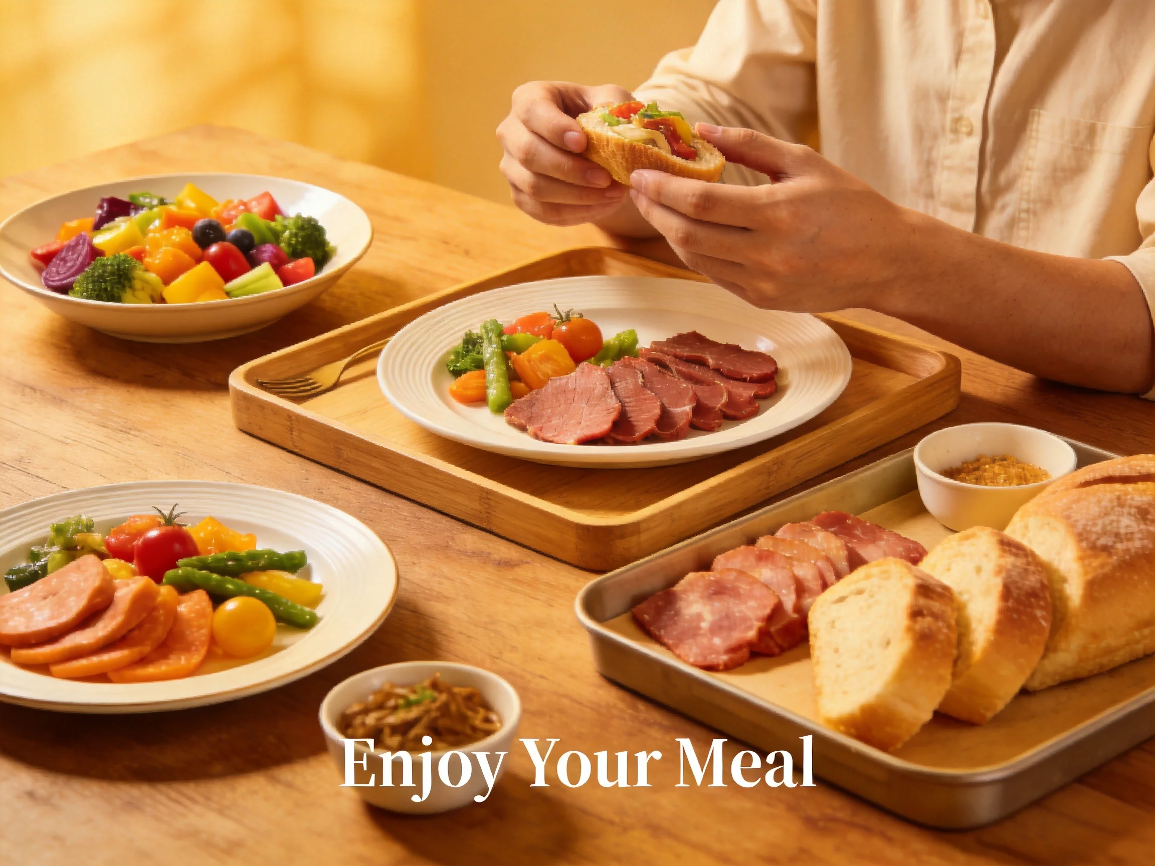 A warm meal spread featuring meats, vegetables, and breads