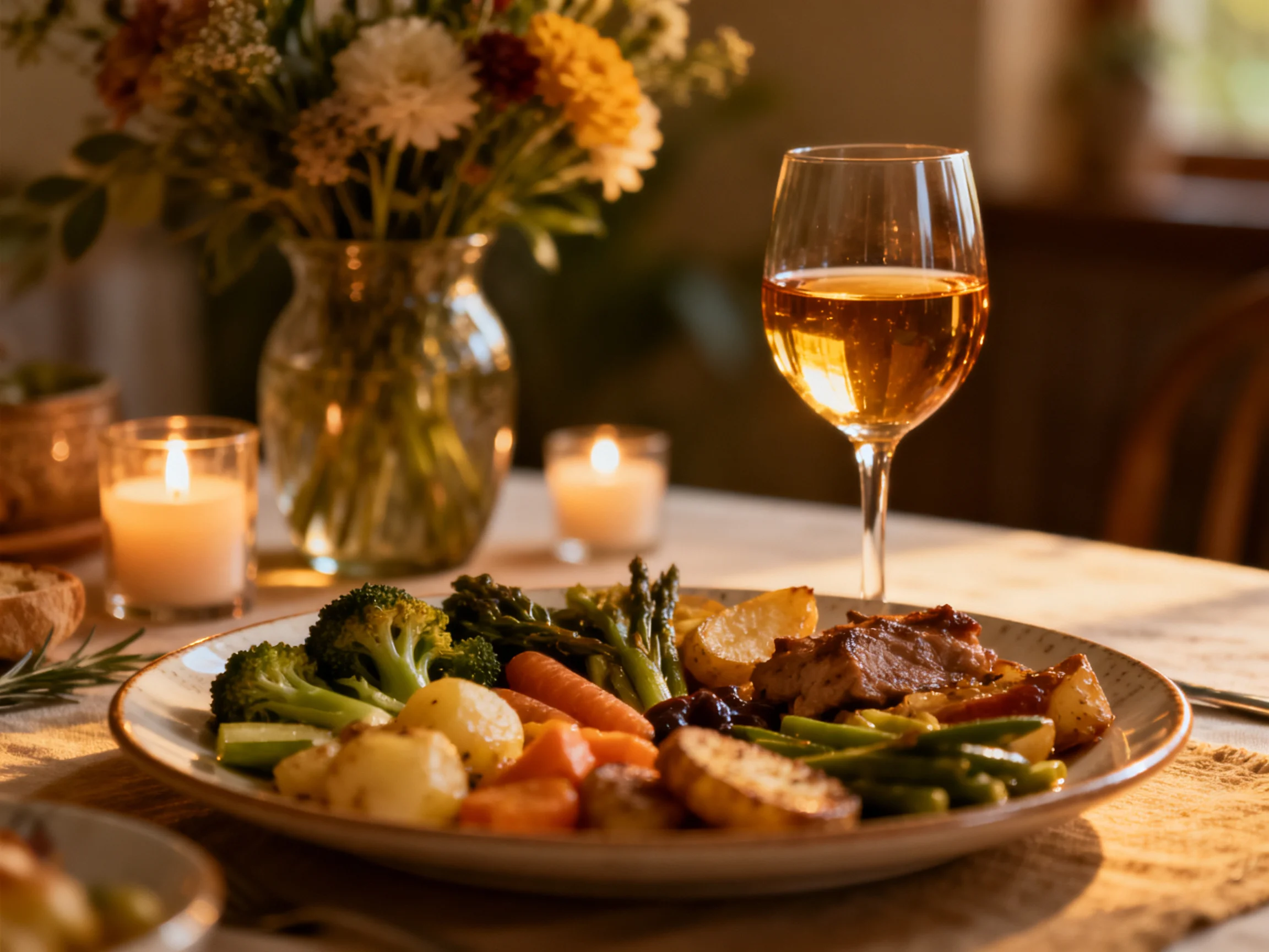 A warmly lit dinner table with roasted vegetables, wine, and floral arrangement