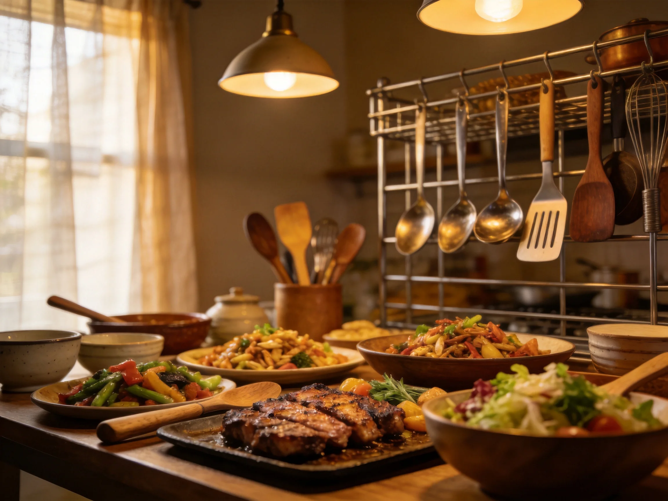 A warmly lit kitchen counter with assorted dishes and hanging utensils