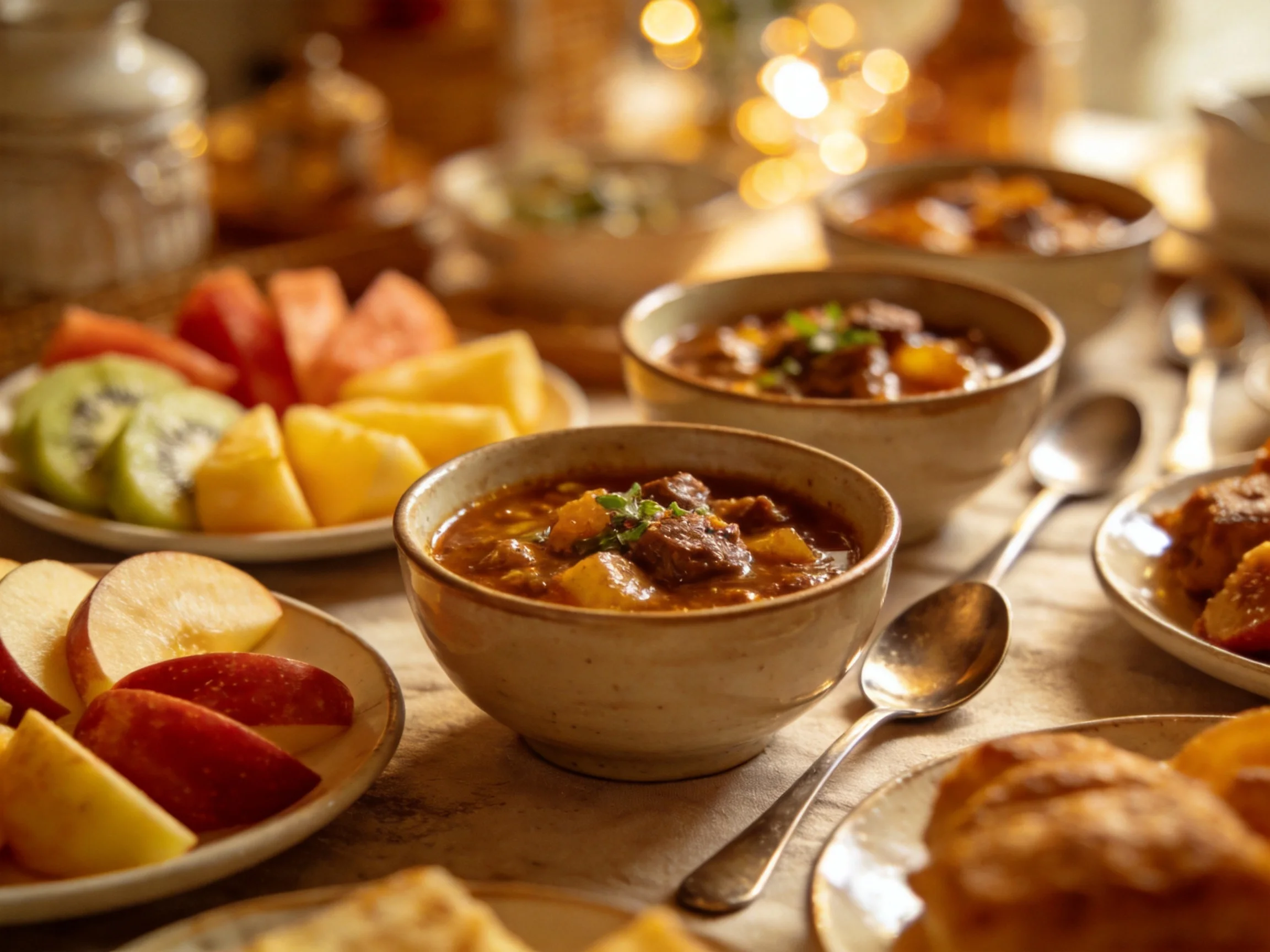 A warmly lit table with bowls of savory stew, colorful fresh fruit, and baked goods