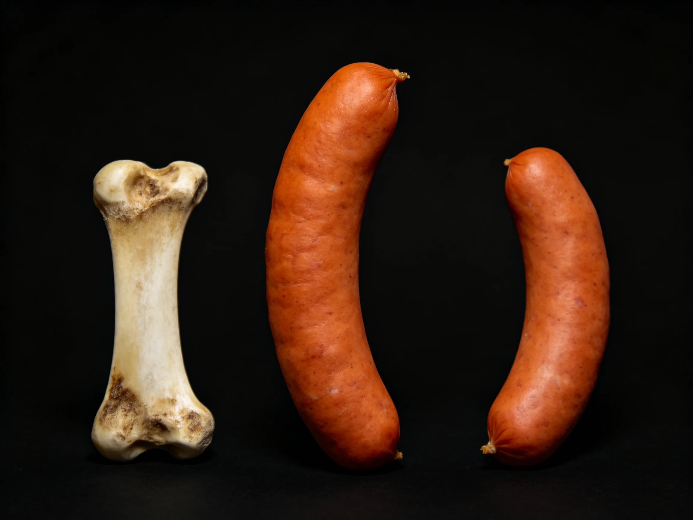 A weathered bone beside two smooth brown sausages on a black background