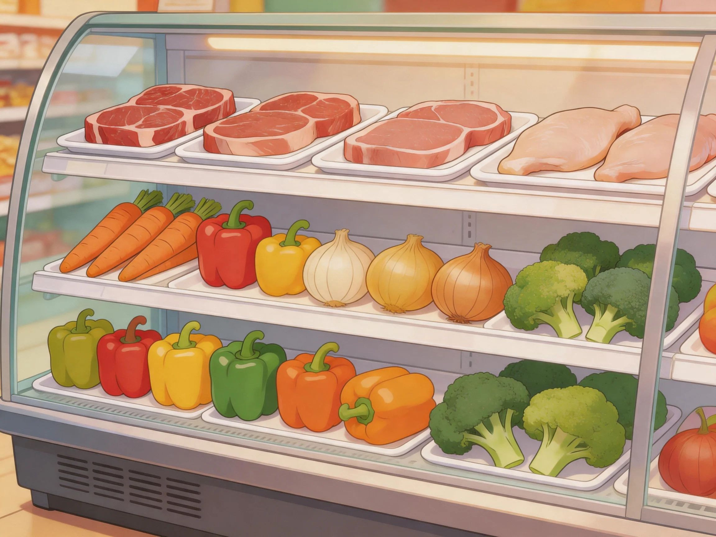 A well-lit deli case with meats, colorful vegetables, and poultry