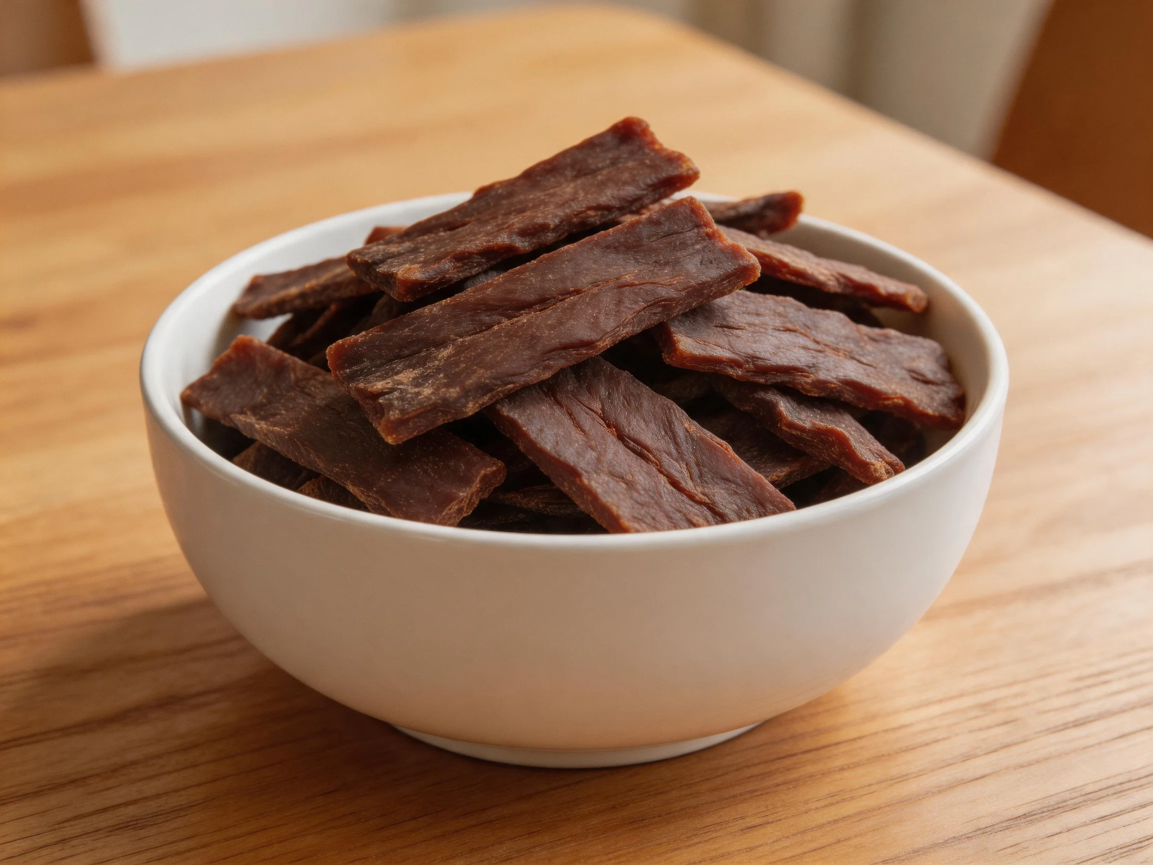 A white bowl filled with dark brown beef jerky on a wooden table