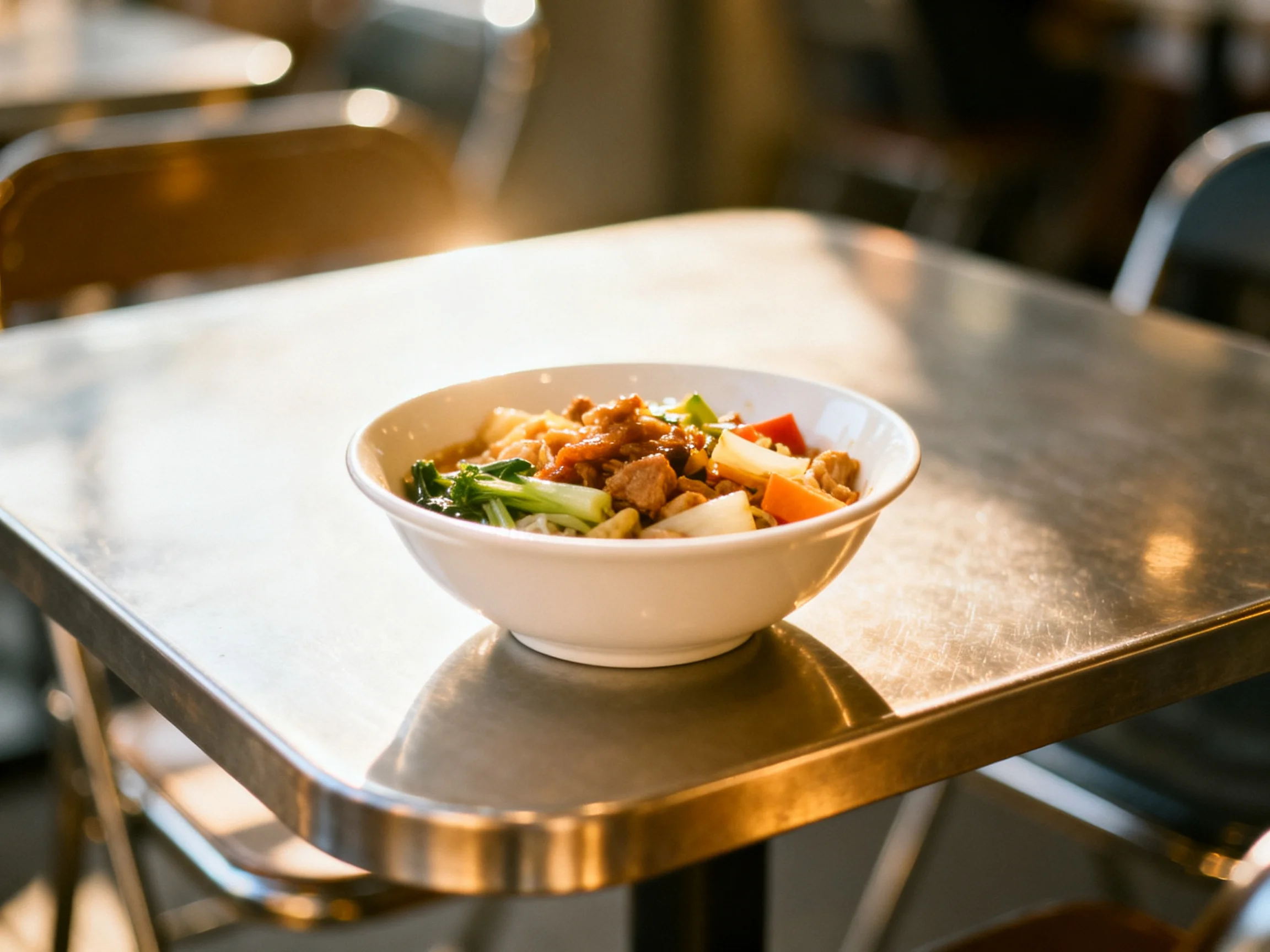 A white bowl filled with mixed noodles, veggies, and meat sits atop a polished metal table.