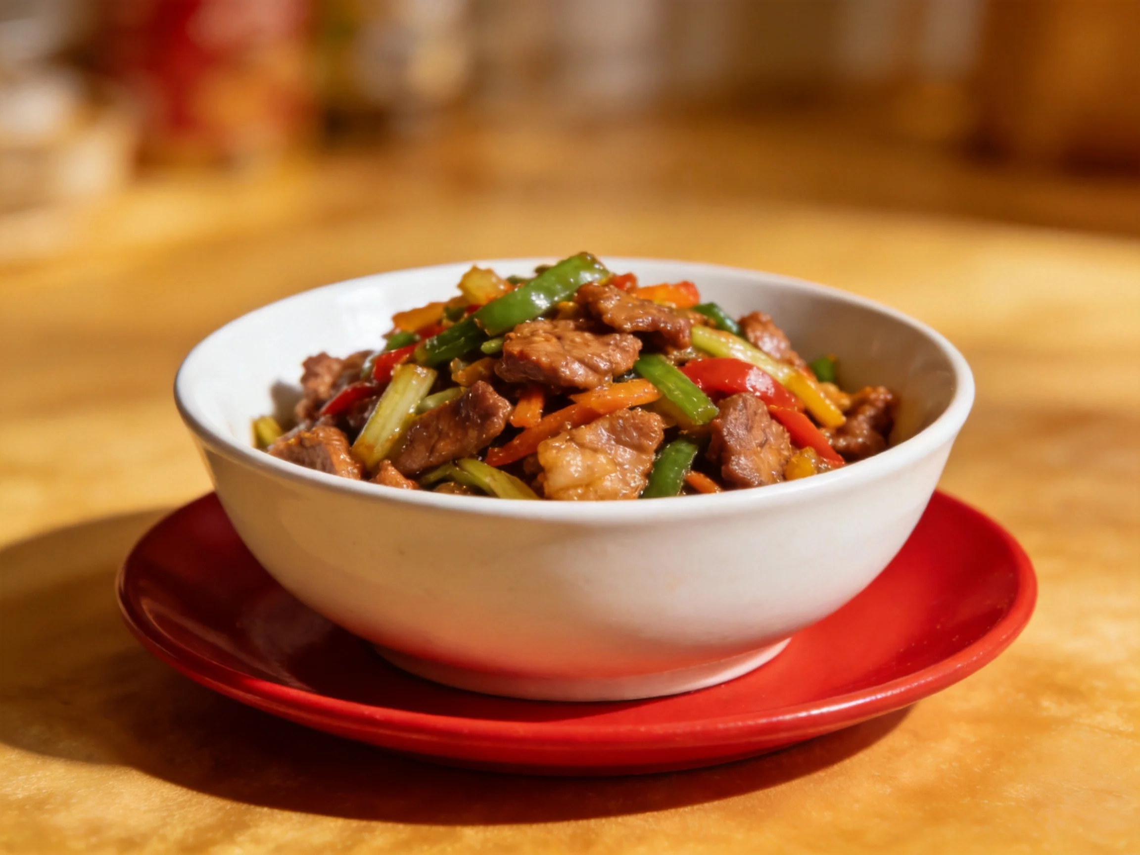 A white bowl holds a vibrant stir - fried meat and vegetable dish