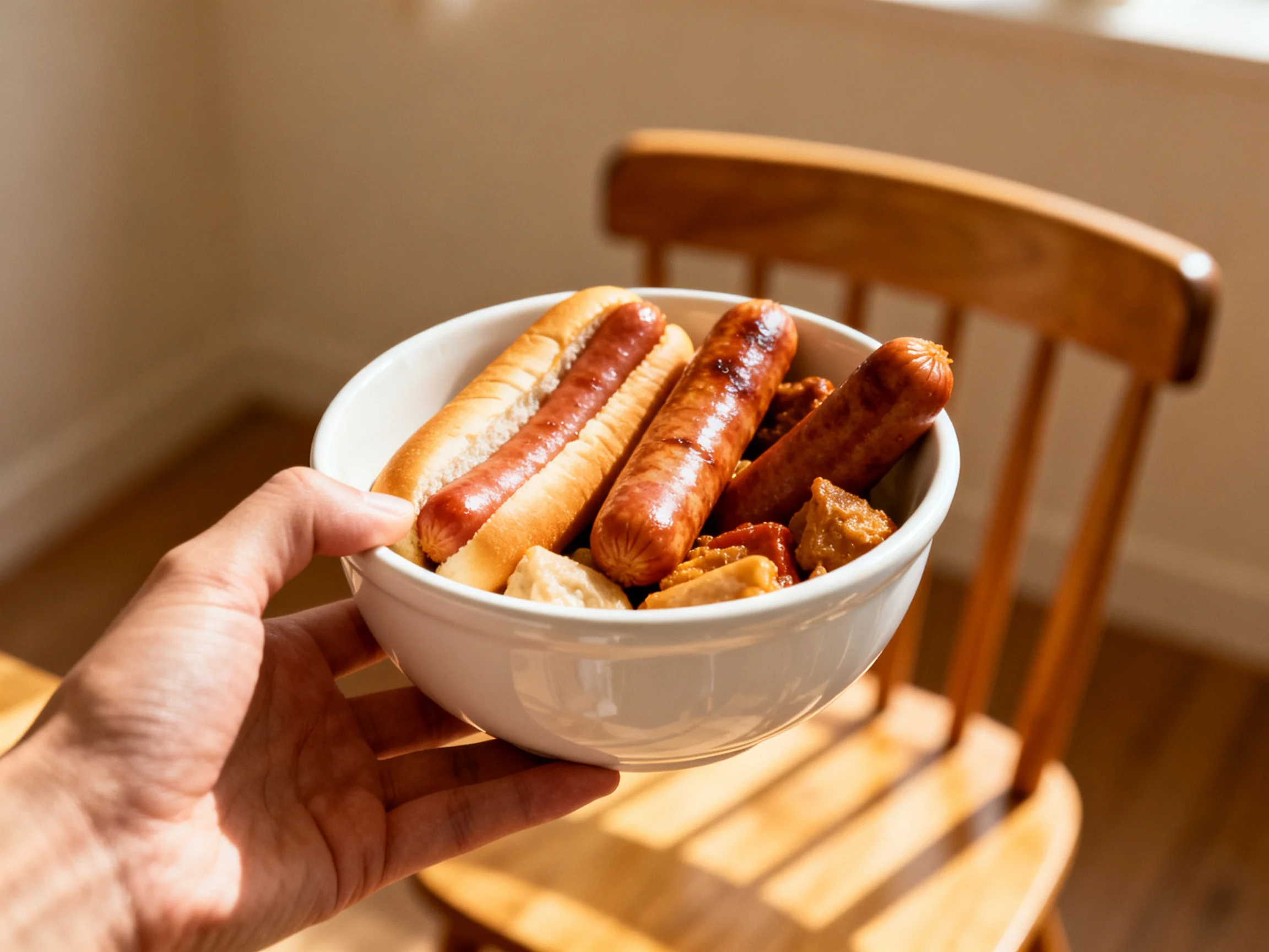 A white bowl holds assorted grilled sausages near a wooden chair