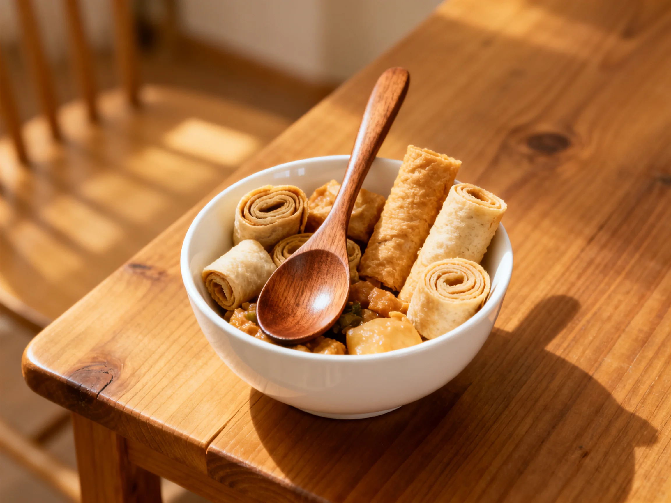 A white bowl holds assorted rolled snacks and a wooden spoon on a wooden table