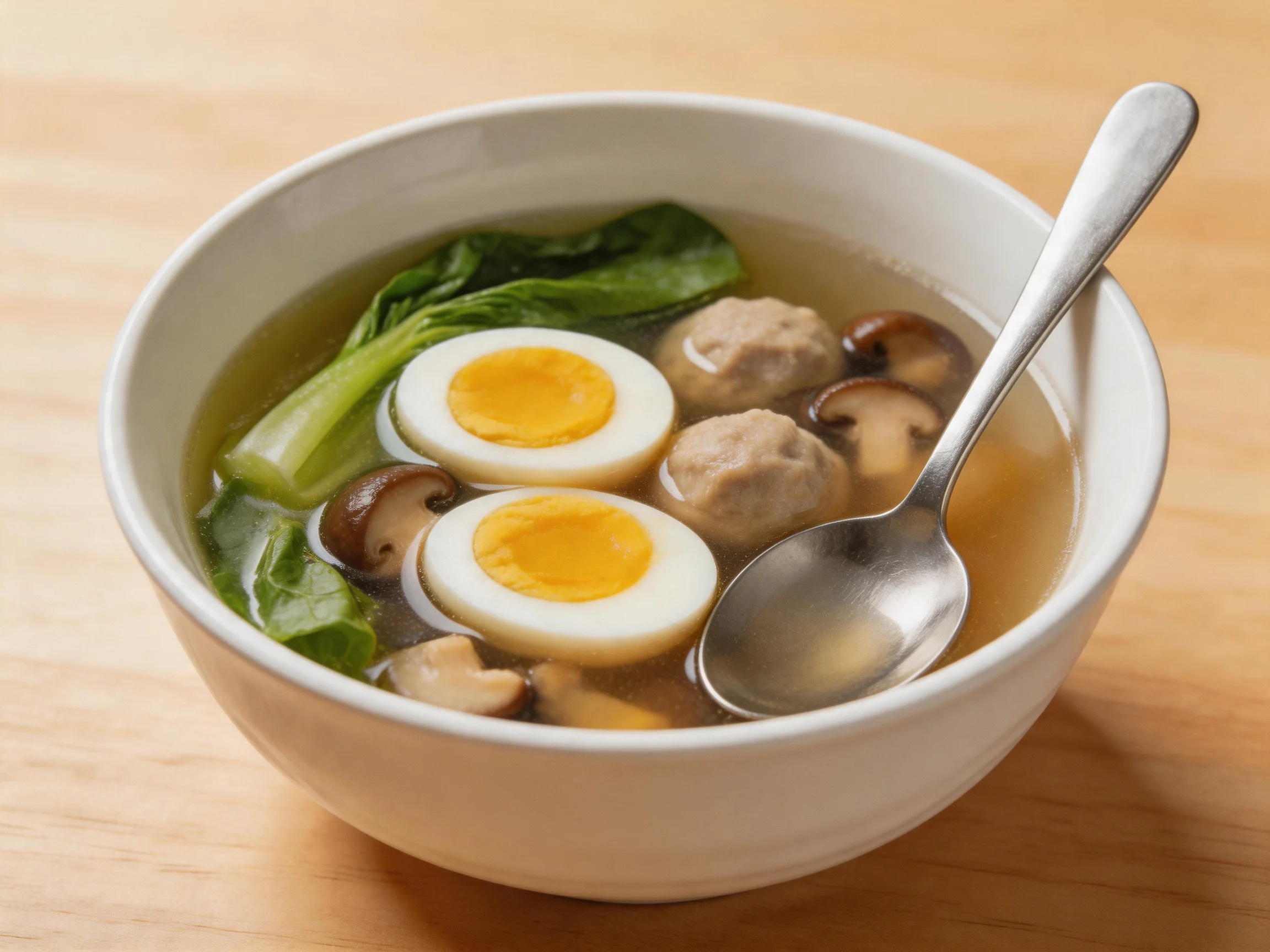A white bowl holds clear broth soup with eggs, meatballs, mushrooms, and greens